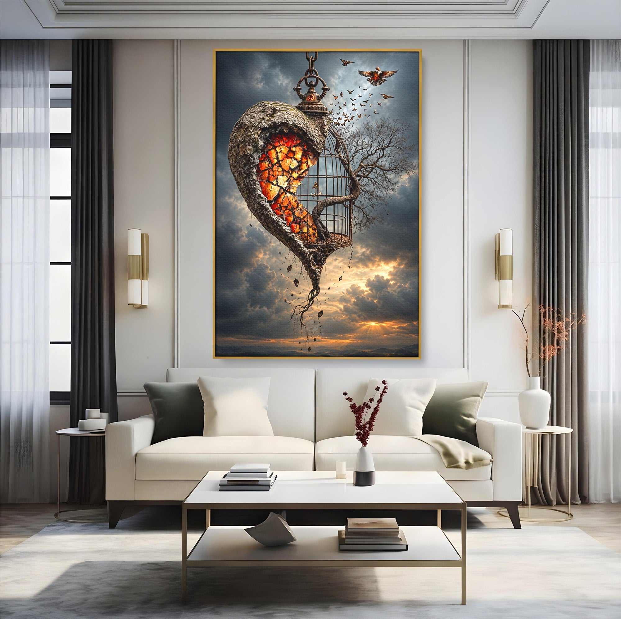 Tablou Canvas Premium LuxCanva® U1145, Inima Eliberata, Cusca, Copac, Apus, Inima, Dormitor, Culori Vibrante