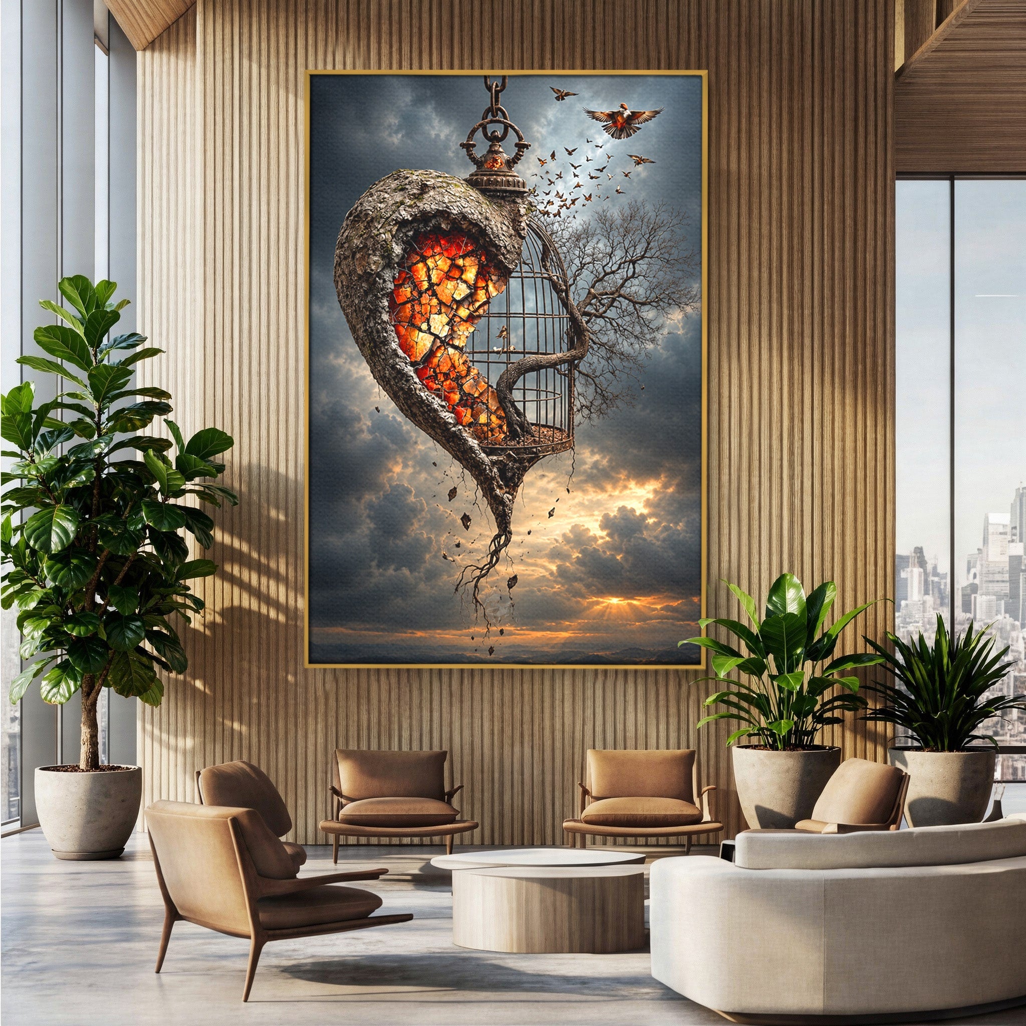 Tablou Canvas Premium LuxCanva® U1145, Inima Eliberata, Cusca, Copac, Apus, Inima, Dormitor, Culori Vibrante