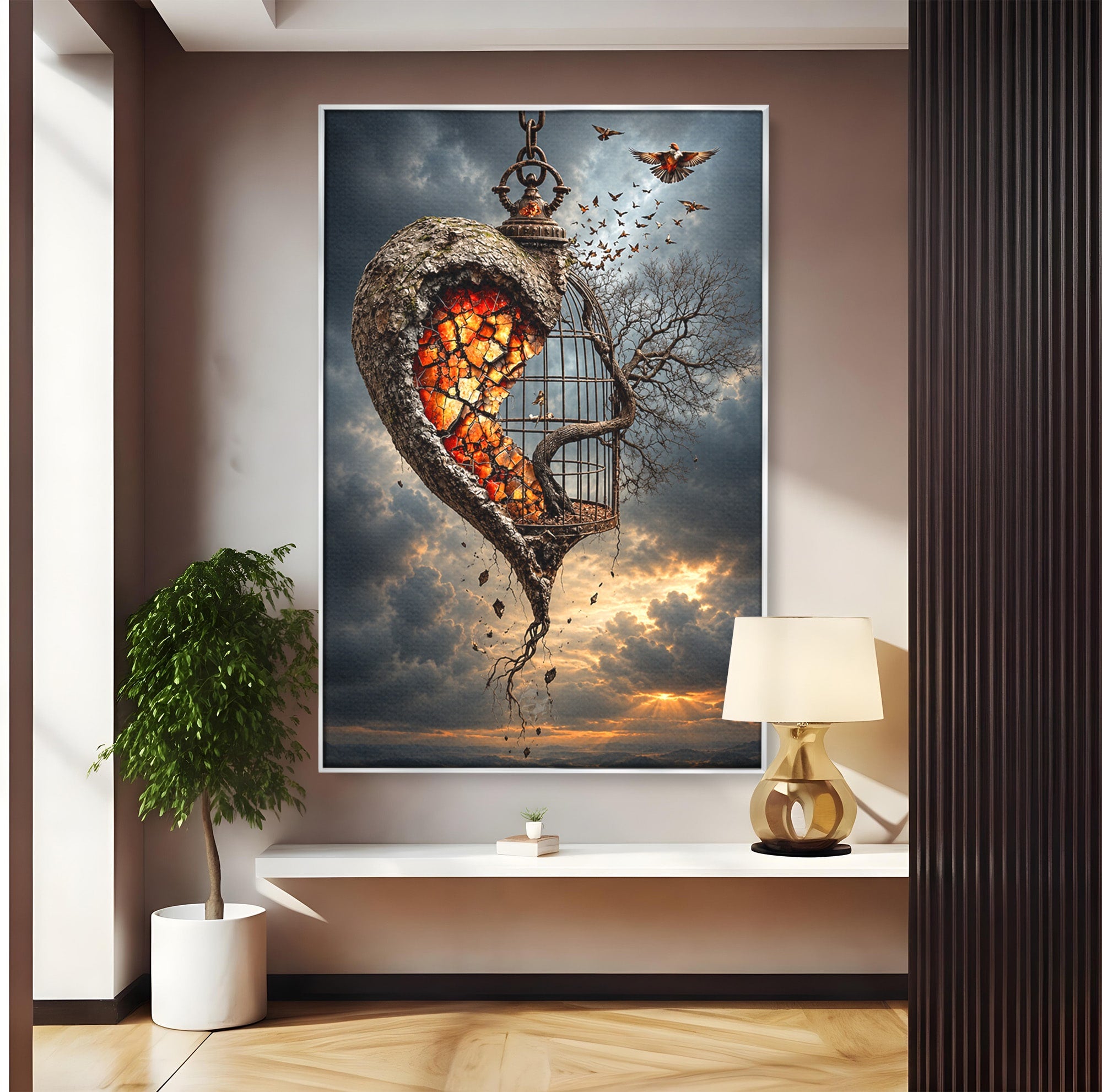 Tablou Canvas Premium LuxCanva® U1145, Inima Eliberata, Cusca, Copac, Apus, Inima, Dormitor, Culori Vibrante