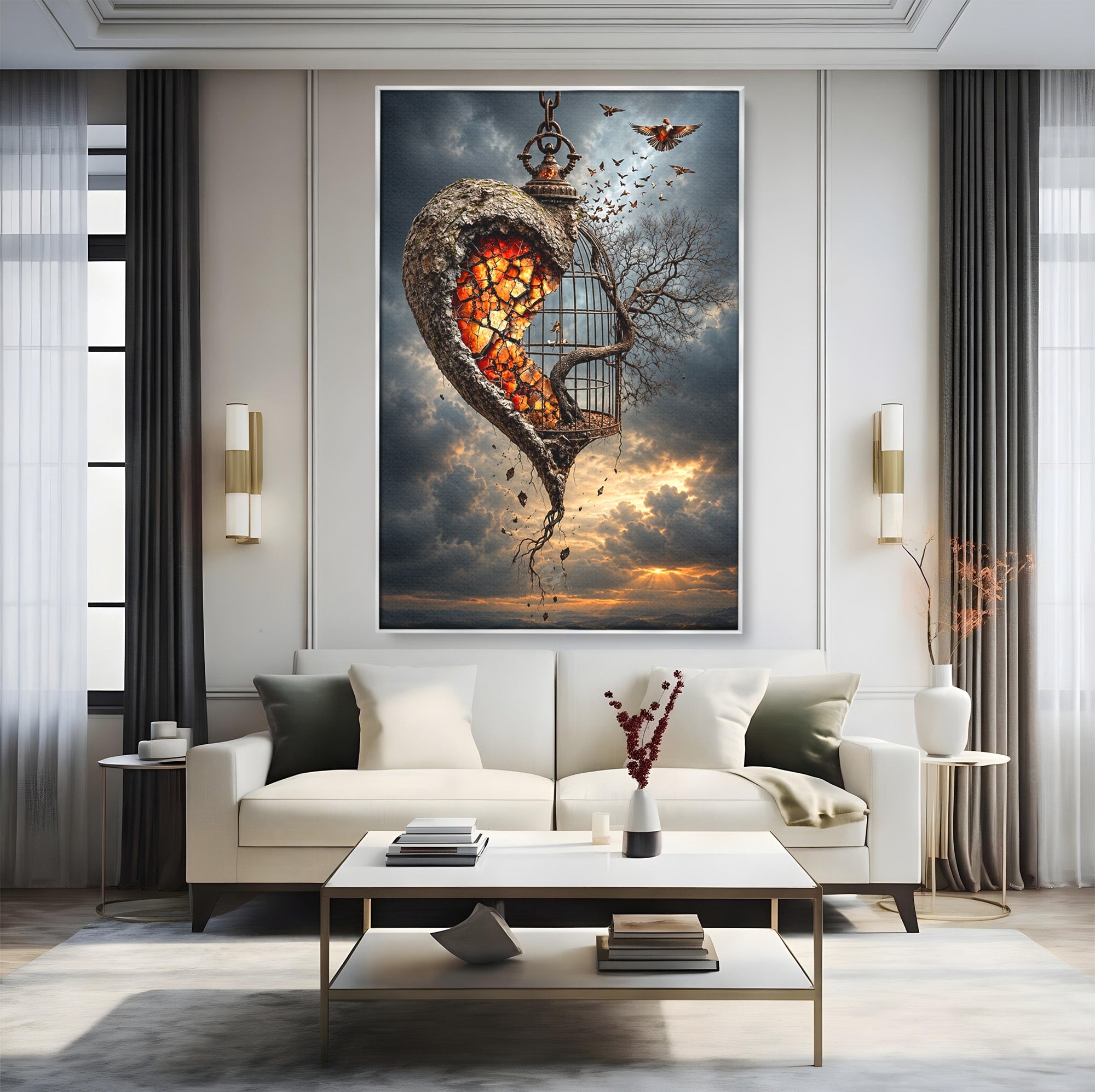Tablou Canvas Premium LuxCanva® U1145, Inima Eliberata, Cusca, Copac, Apus, Inima, Dormitor, Culori Vibrante