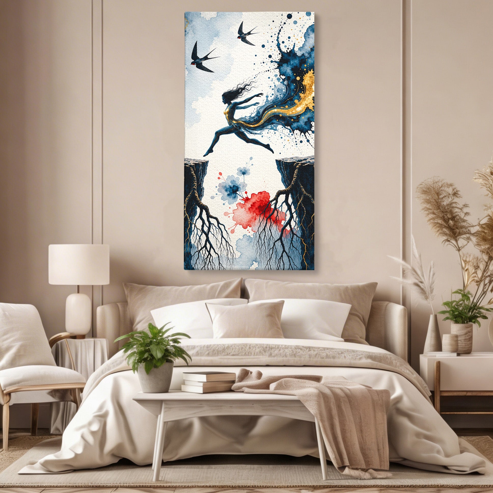 Tablou Canvas Premium LuxCanva® U1146, Saltul Sperantei, Femeie, Pasari, Peisaj, Libertate, Living, Culori Vibrante