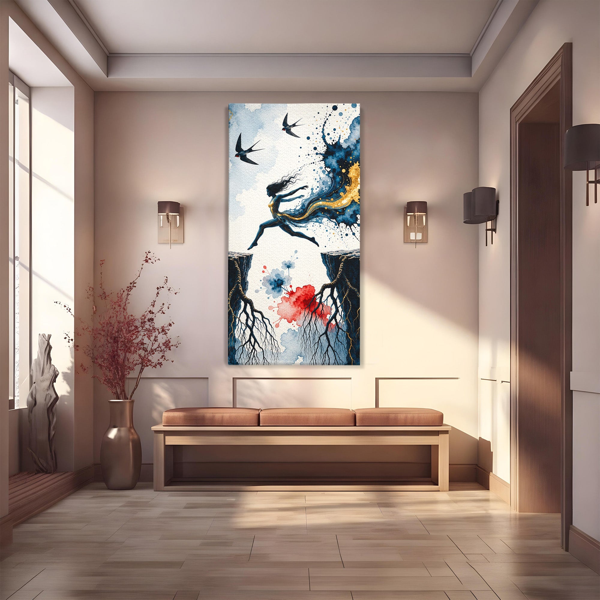 Tablou Canvas Premium LuxCanva® U1146, Saltul Sperantei, Femeie, Pasari, Peisaj, Libertate, Living, Culori Vibrante