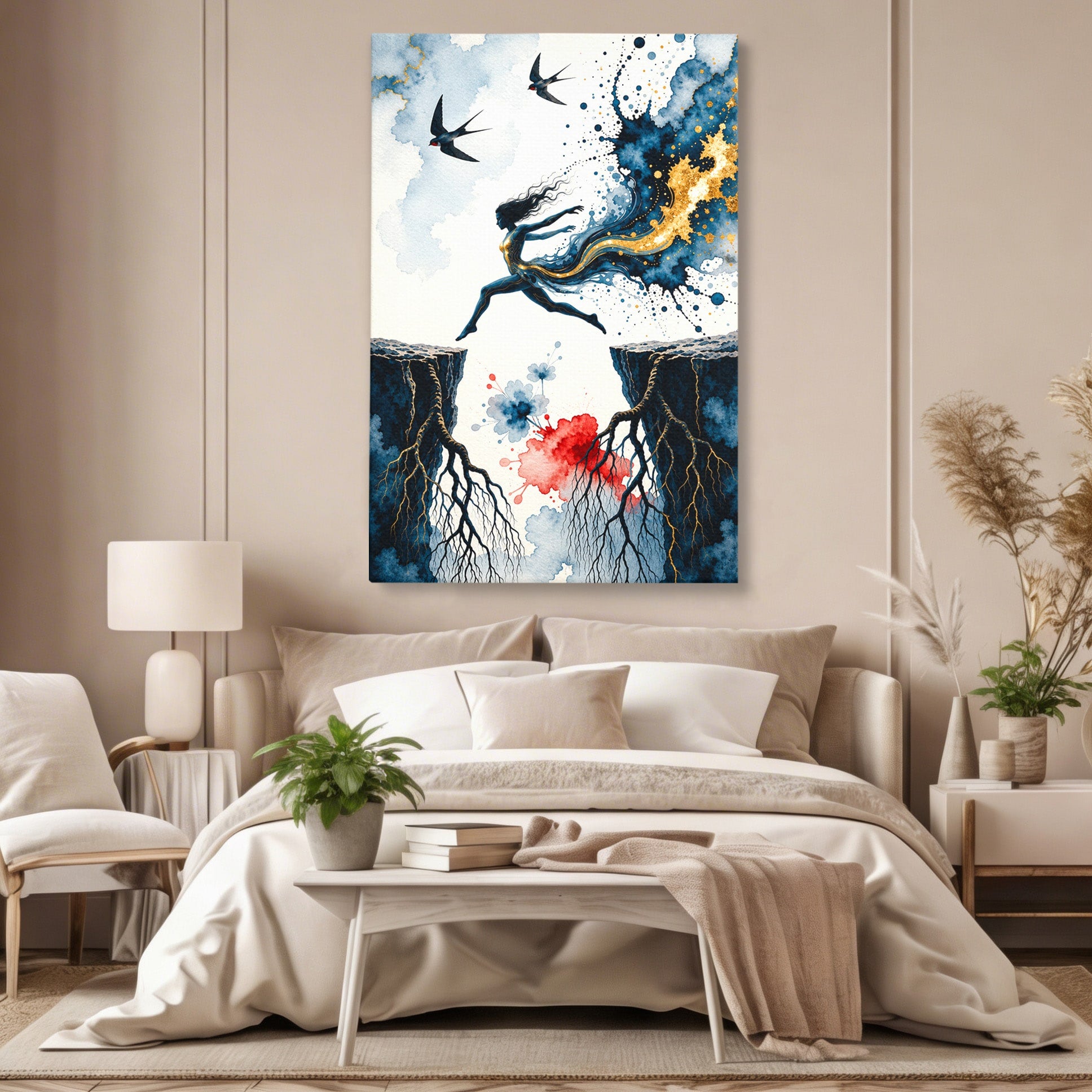 Tablou Canvas Premium LuxCanva® U1146, Saltul Sperantei, Femeie, Pasari, Peisaj, Libertate, Living, Culori Vibrante