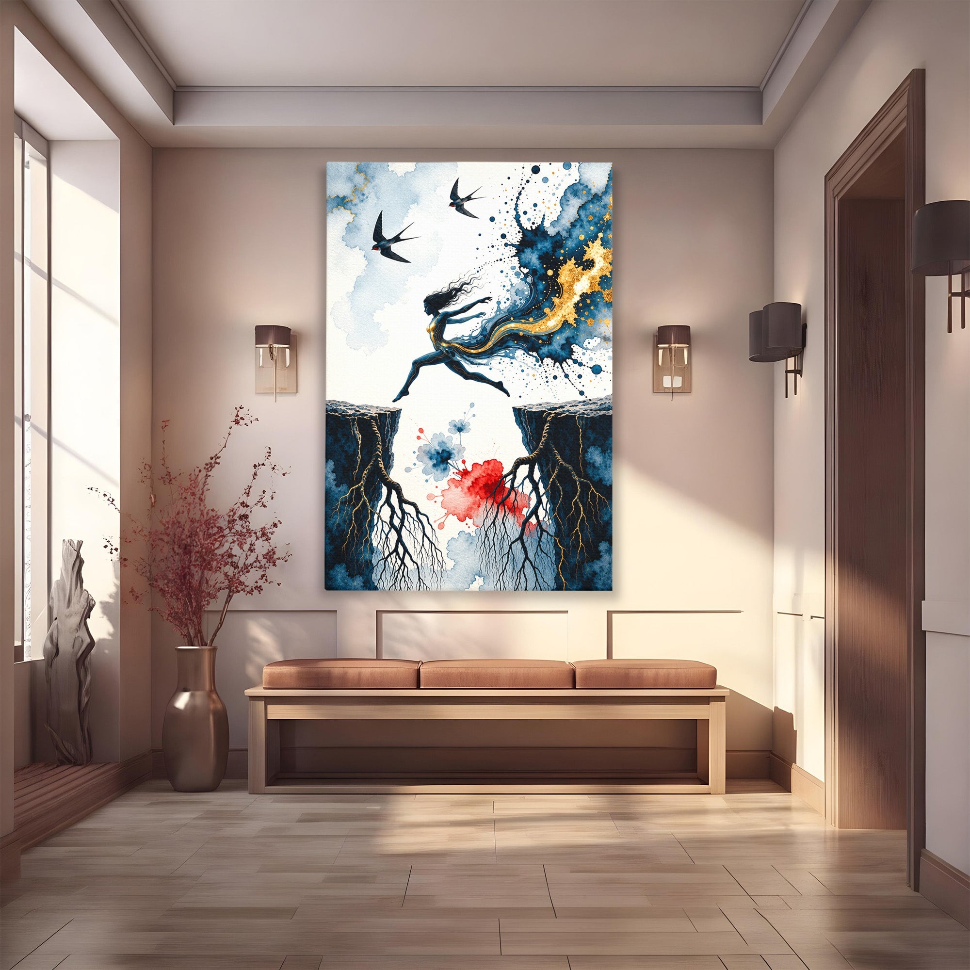 Tablou Canvas Premium LuxCanva® U1146, Saltul Sperantei, Femeie, Pasari, Peisaj, Libertate, Living, Culori Vibrante