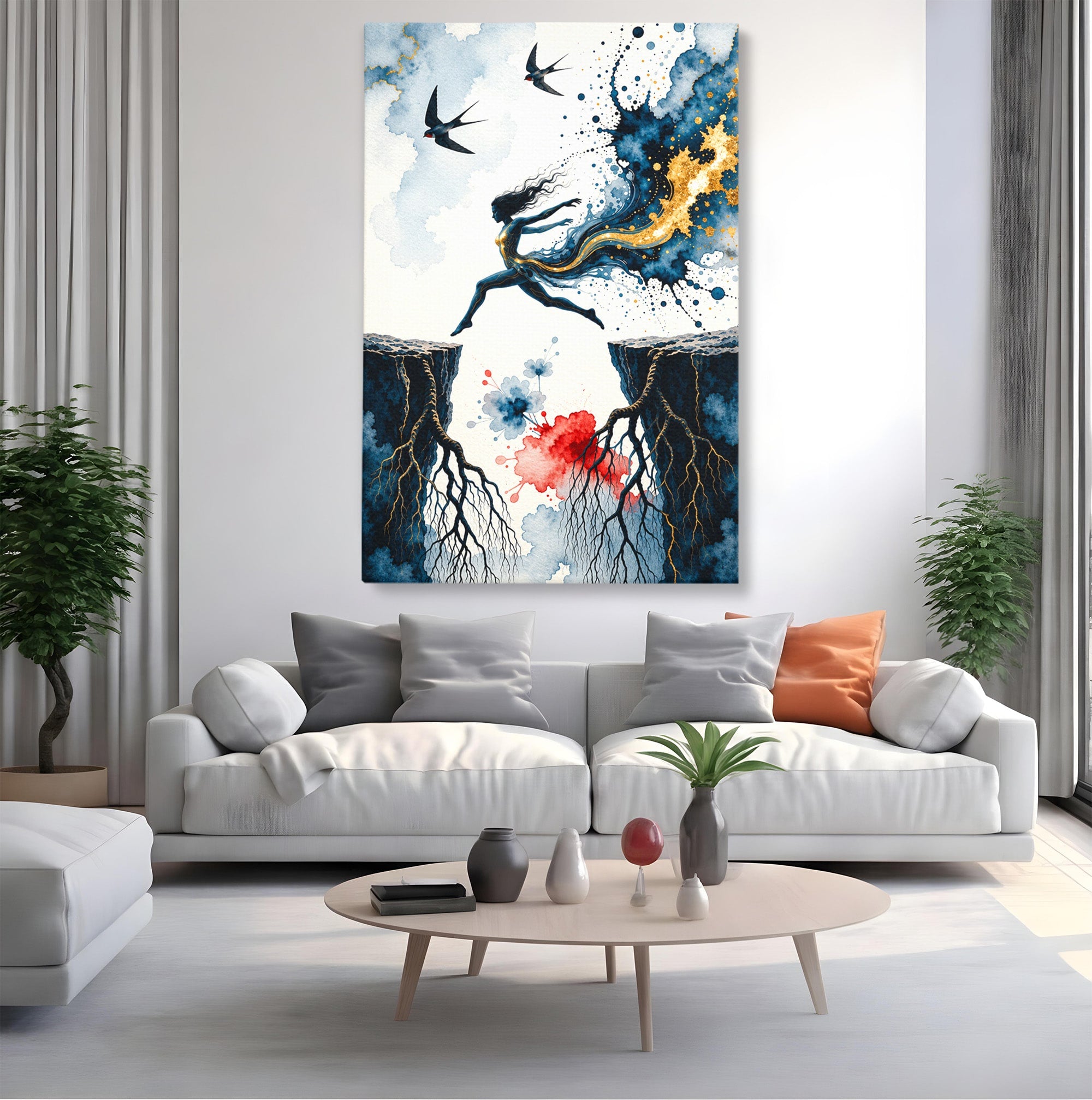 Tablou Canvas Premium LuxCanva® U1146, Saltul Sperantei, Femeie, Pasari, Peisaj, Libertate, Living, Culori Vibrante