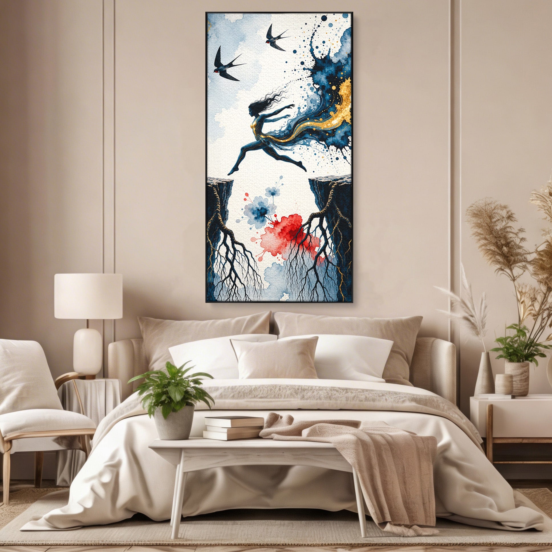 Tablou Canvas Premium LuxCanva® U1146, Saltul Sperantei, Femeie, Pasari, Peisaj, Libertate, Living, Culori Vibrante