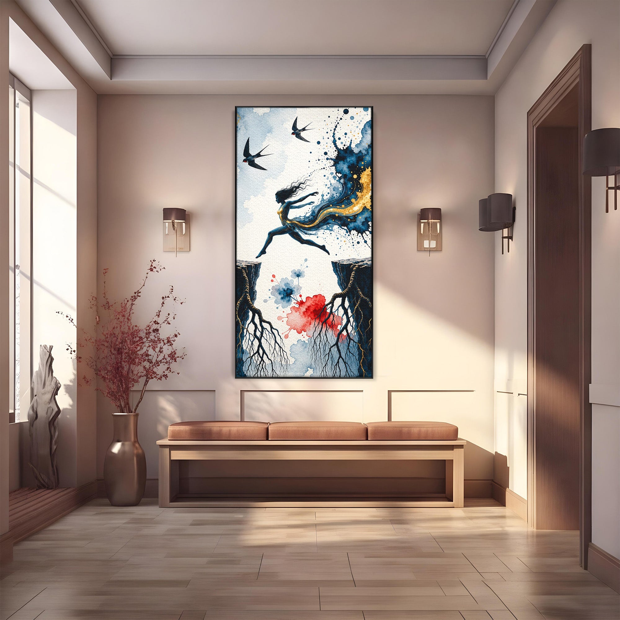 Tablou Canvas Premium LuxCanva® U1146, Saltul Sperantei, Femeie, Pasari, Peisaj, Libertate, Living, Culori Vibrante