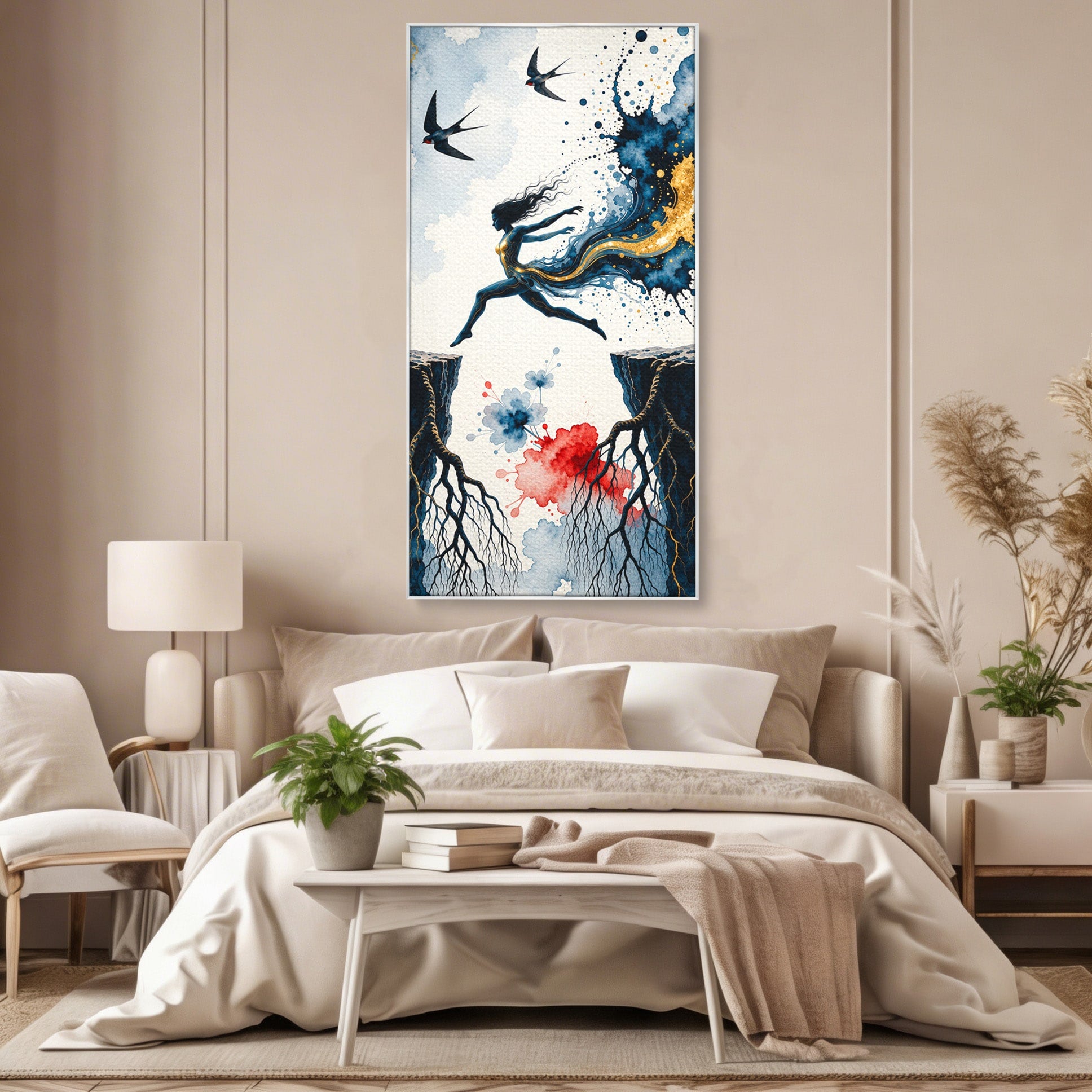 Tablou Canvas Premium LuxCanva® U1146, Saltul Sperantei, Femeie, Pasari, Peisaj, Libertate, Living, Culori Vibrante