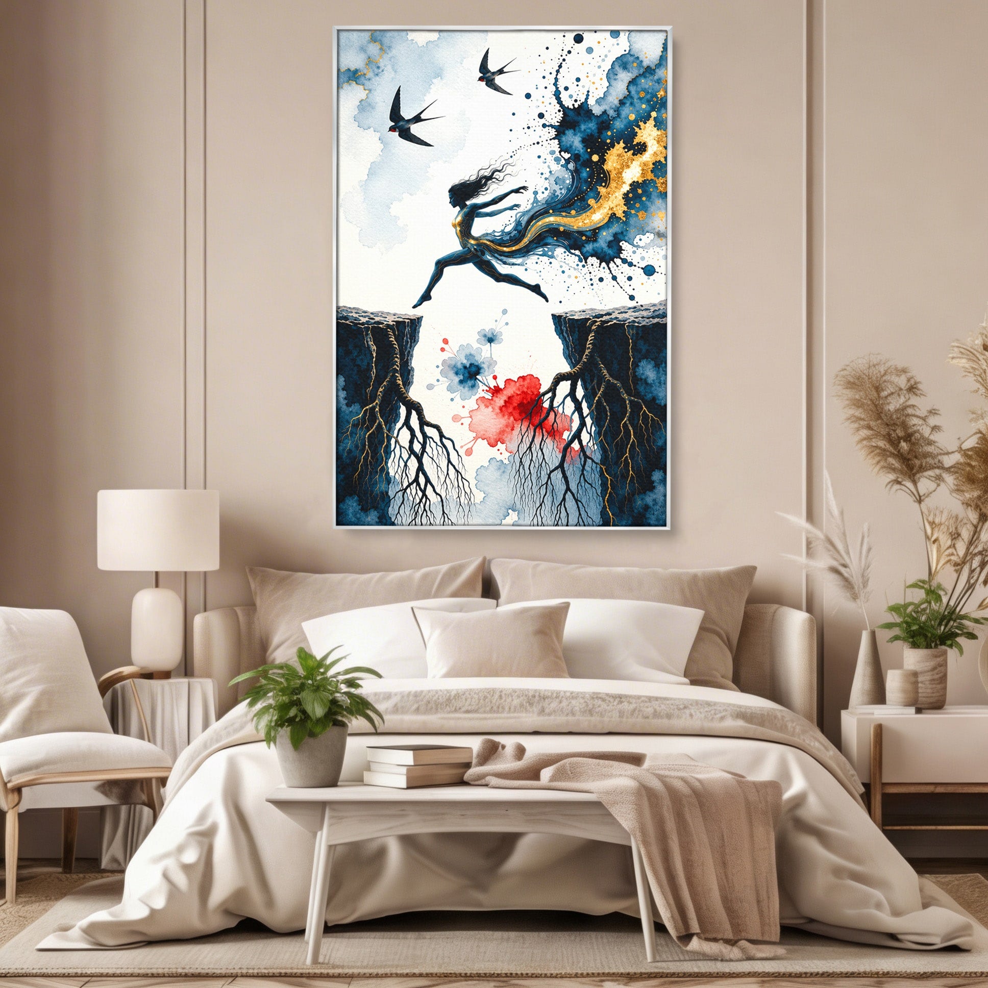 Tablou Canvas Premium LuxCanva® U1146, Saltul Sperantei, Femeie, Pasari, Peisaj, Libertate, Living, Culori Vibrante