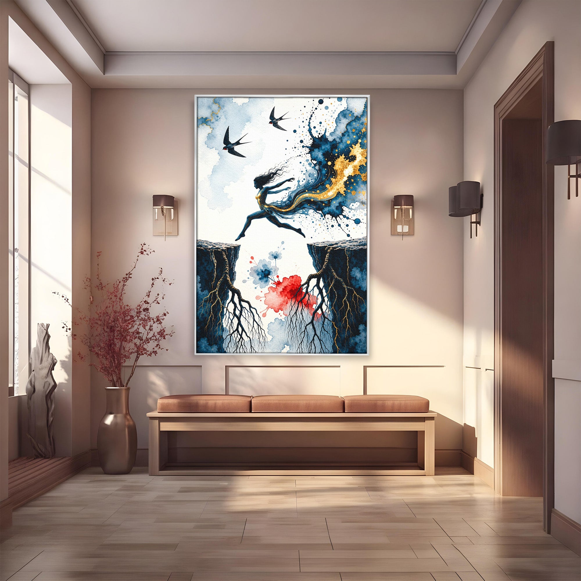 Tablou Canvas Premium LuxCanva® U1146, Saltul Sperantei, Femeie, Pasari, Peisaj, Libertate, Living, Culori Vibrante