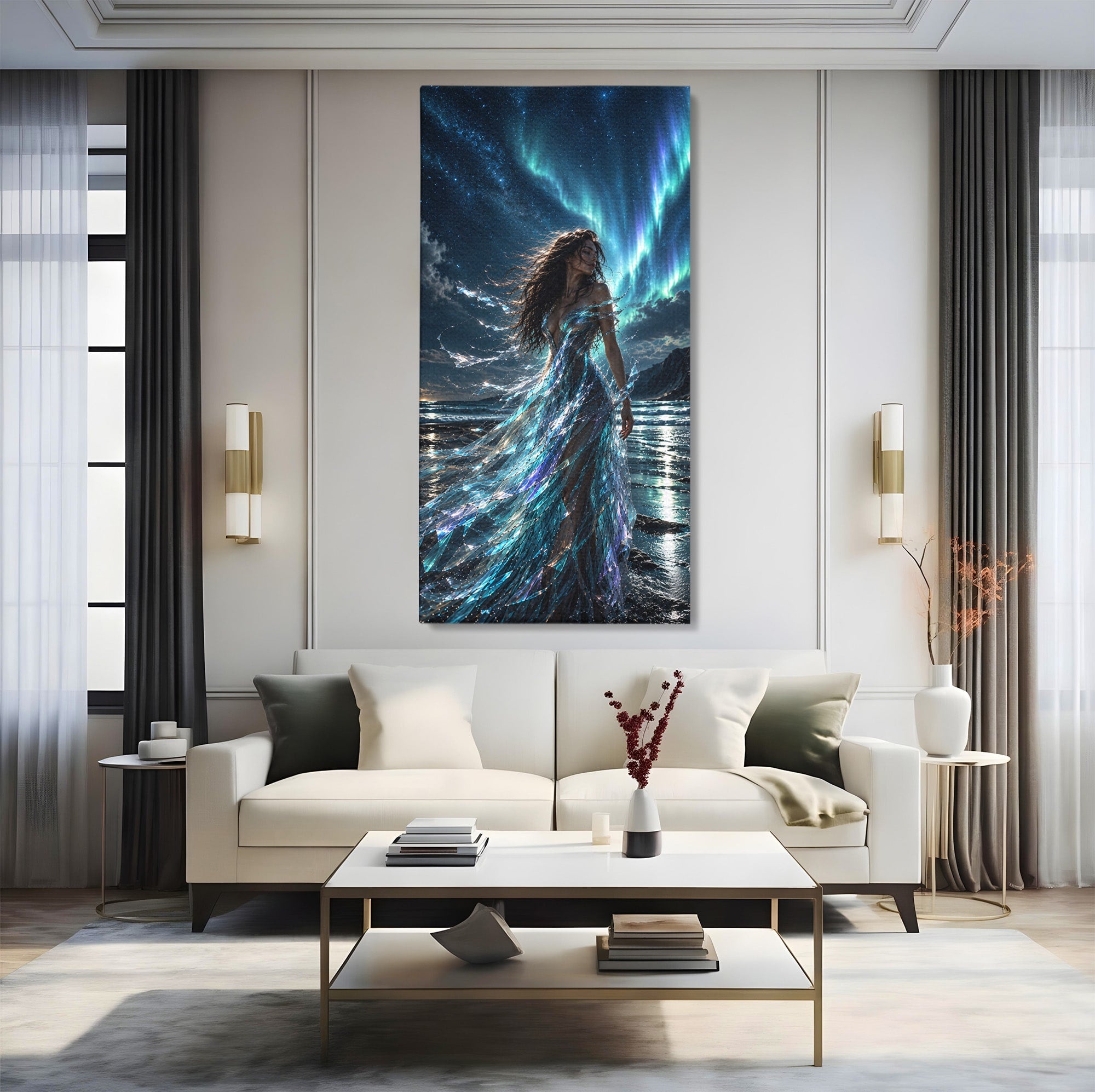 Tablou Canvas Premium LuxCanva® U1147, Zeița Aurorei Boreale, Mare, Noapte, Aurora Boreală, Living, Culori Vibrante