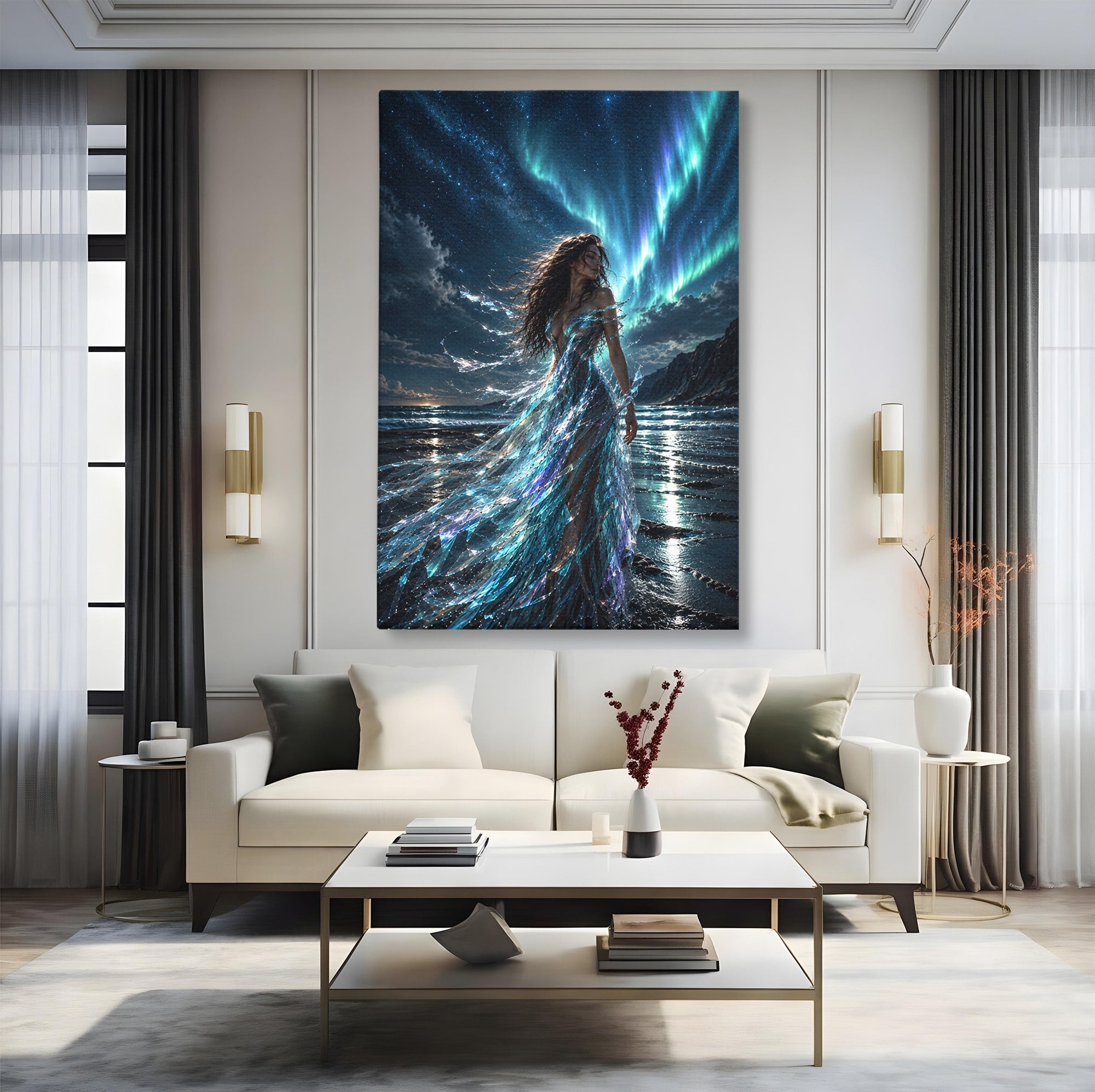 Tablou Canvas Premium LuxCanva® U1147, Zeița Aurorei Boreale, Mare, Noapte, Aurora Boreală, Living, Culori Vibrante