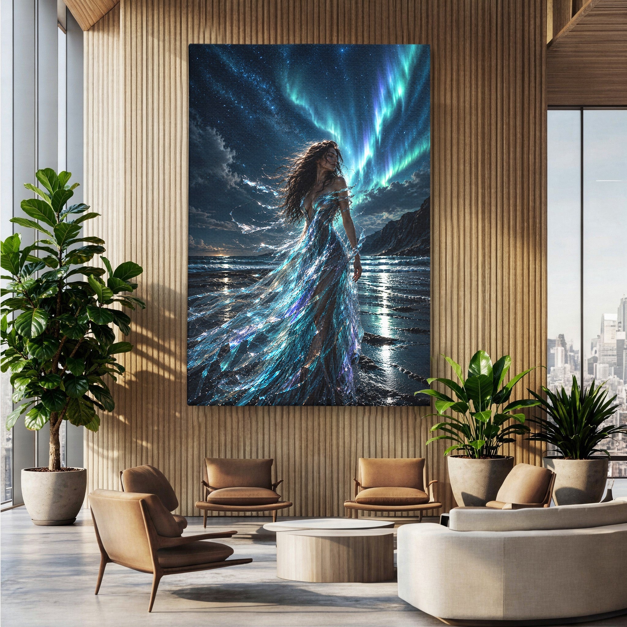 Tablou Canvas Premium LuxCanva® U1147, Zeița Aurorei Boreale, Mare, Noapte, Aurora Boreală, Living, Culori Vibrante