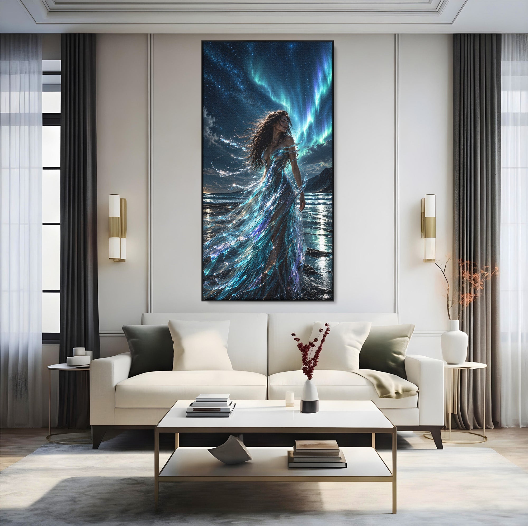 Tablou Canvas Premium LuxCanva® U1147, Zeița Aurorei Boreale, Mare, Noapte, Aurora Boreală, Living, Culori Vibrante