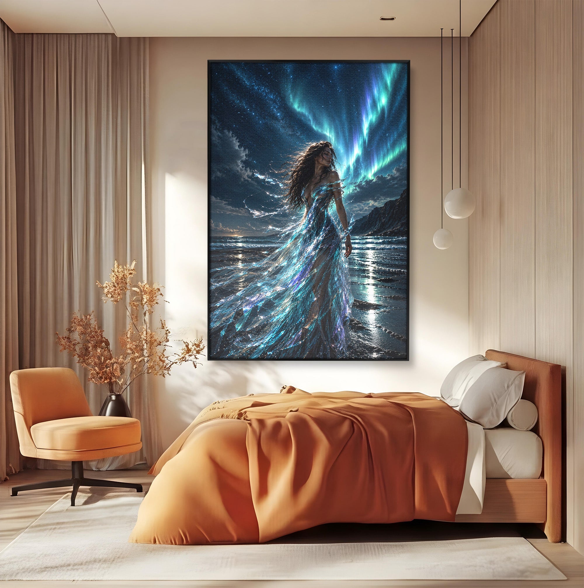 Tablou Canvas Premium LuxCanva® U1147, Zeița Aurorei Boreale, Mare, Noapte, Aurora Boreală, Living, Culori Vibrante