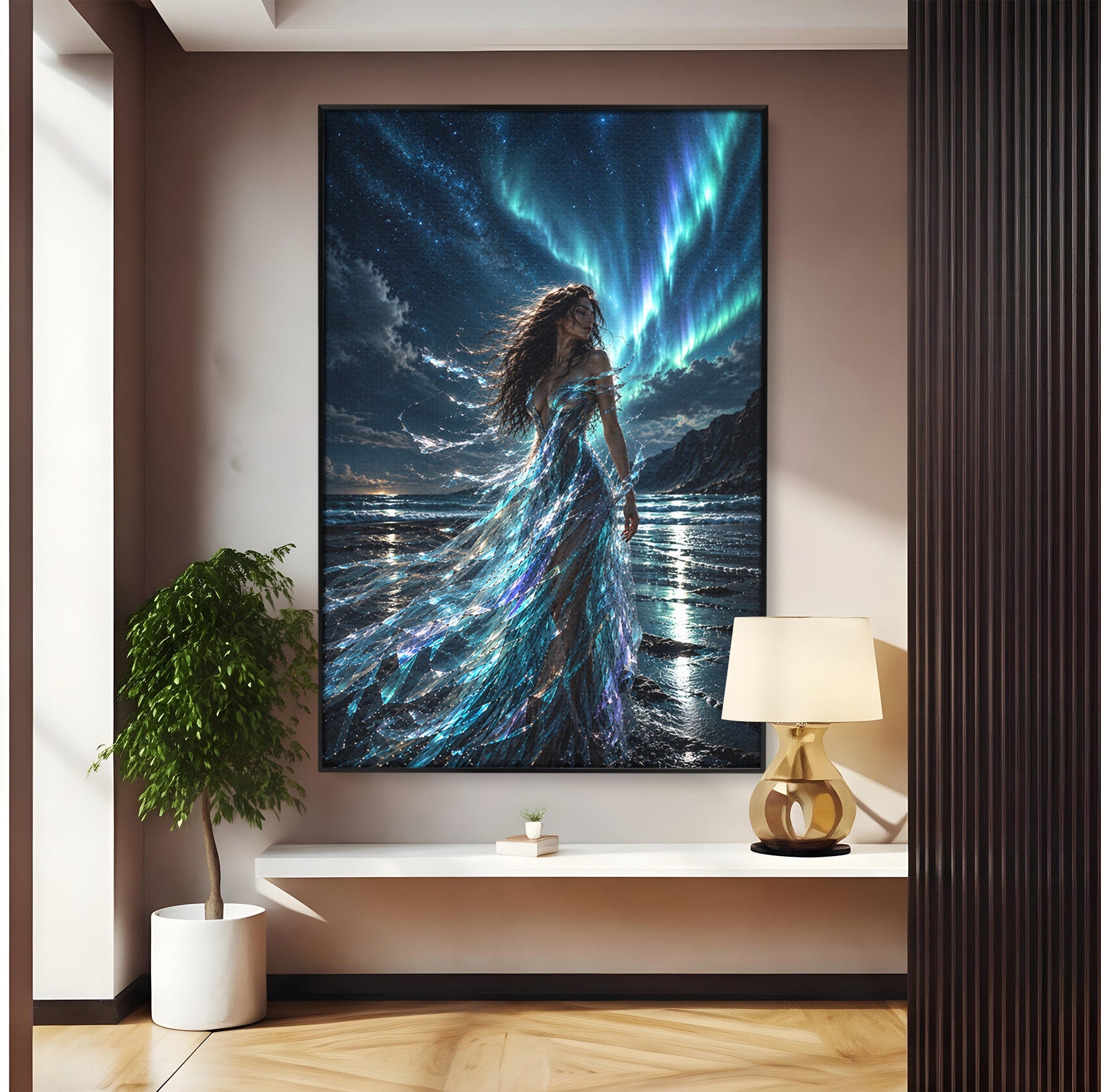 Tablou Canvas Premium LuxCanva® U1147, Zeița Aurorei Boreale, Mare, Noapte, Aurora Boreală, Living, Culori Vibrante
