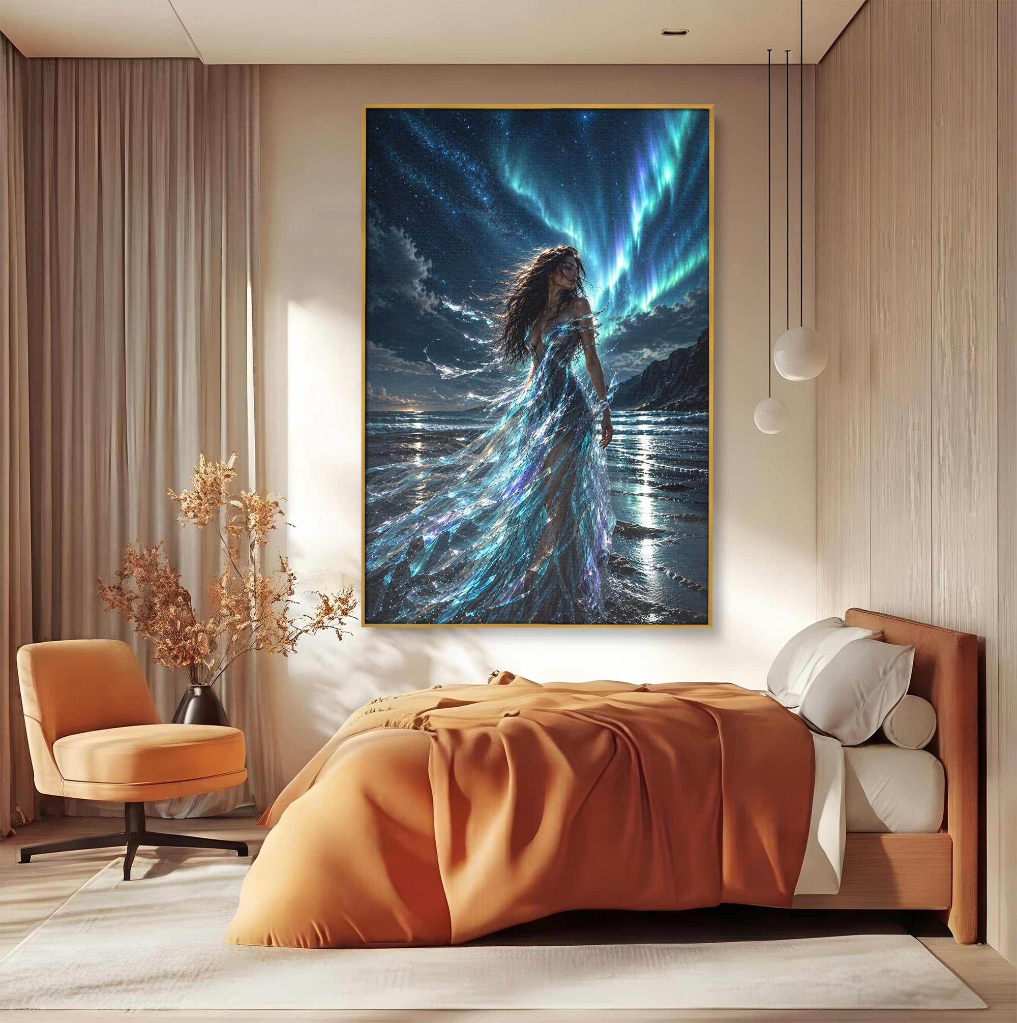 Tablou Canvas Premium LuxCanva® U1147, Zeița Aurorei Boreale, Mare, Noapte, Aurora Boreală, Living, Culori Vibrante