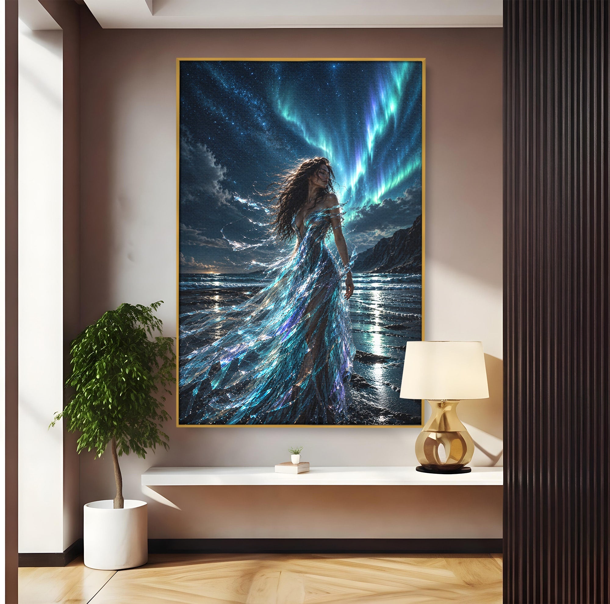 Tablou Canvas Premium LuxCanva® U1147, Zeița Aurorei Boreale, Mare, Noapte, Aurora Boreală, Living, Culori Vibrante