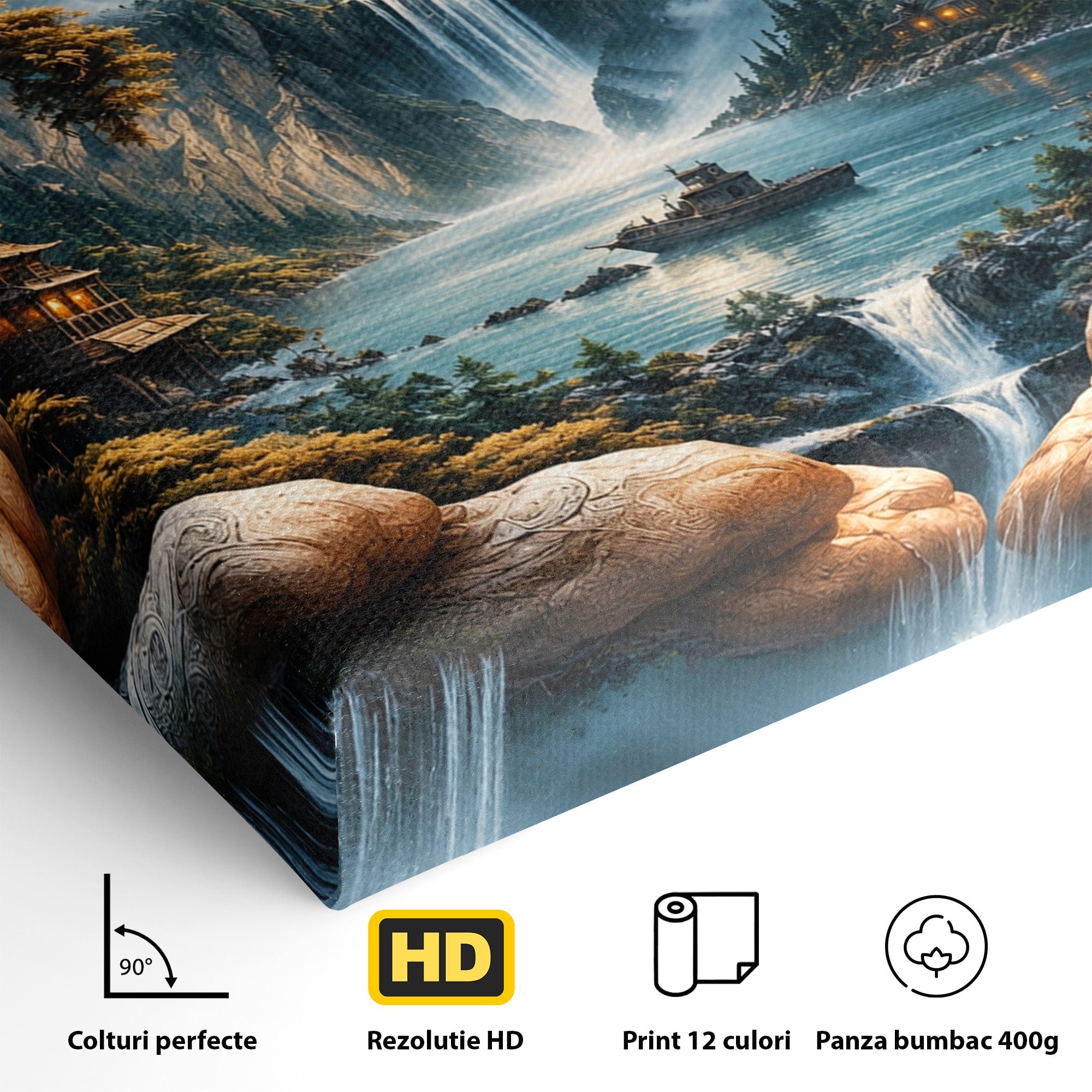 Tablou Canvas Premium LuxCanva® U1148, Peisaj Mistic Cu Cascade, Maini, Protectie, Fantezie, Living, Culori Vibrante