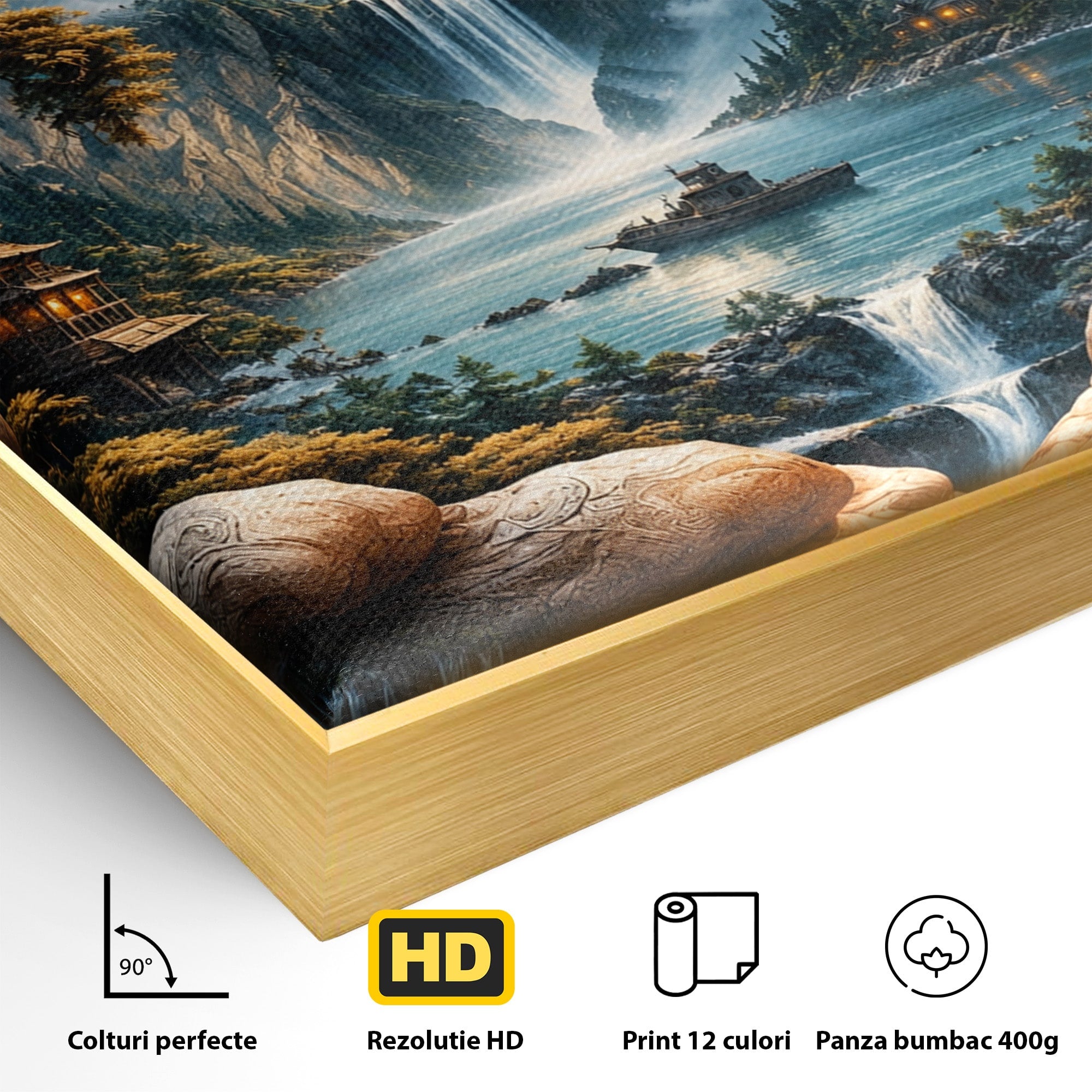 Tablou Canvas Premium LuxCanva® U1148, Peisaj Mistic Cu Cascade, Maini, Protectie, Fantezie, Living, Culori Vibrante