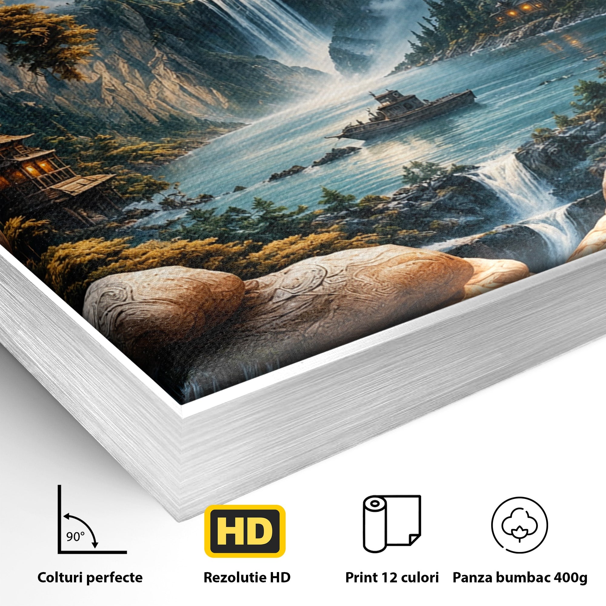 Tablou Canvas Premium LuxCanva® U1148, Peisaj Mistic Cu Cascade, Maini, Protectie, Fantezie, Living, Culori Vibrante