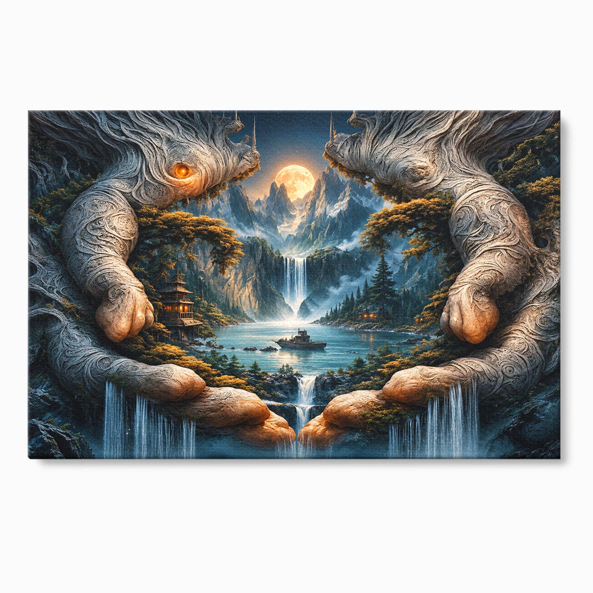 Tablou Canvas Premium LuxCanva® U1148, Peisaj Mistic Cu Cascade, Maini, Protectie, Fantezie, Living, Culori Vibrante