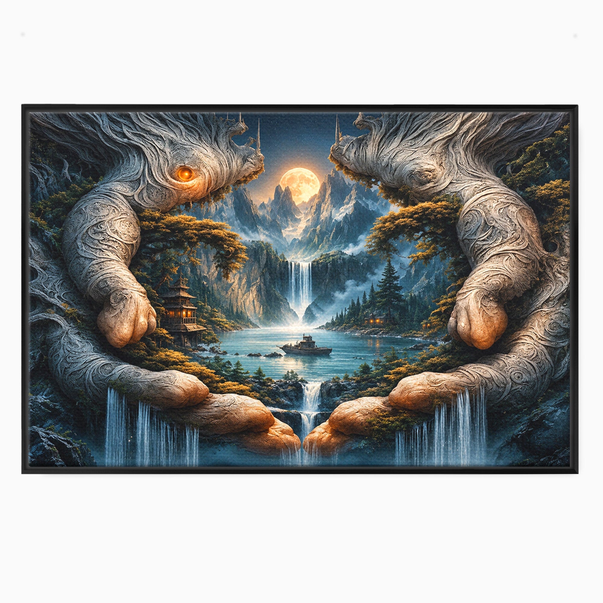 Tablou Canvas Premium LuxCanva® U1148, Peisaj Mistic Cu Cascade, Maini, Protectie, Fantezie, Living, Culori Vibrante