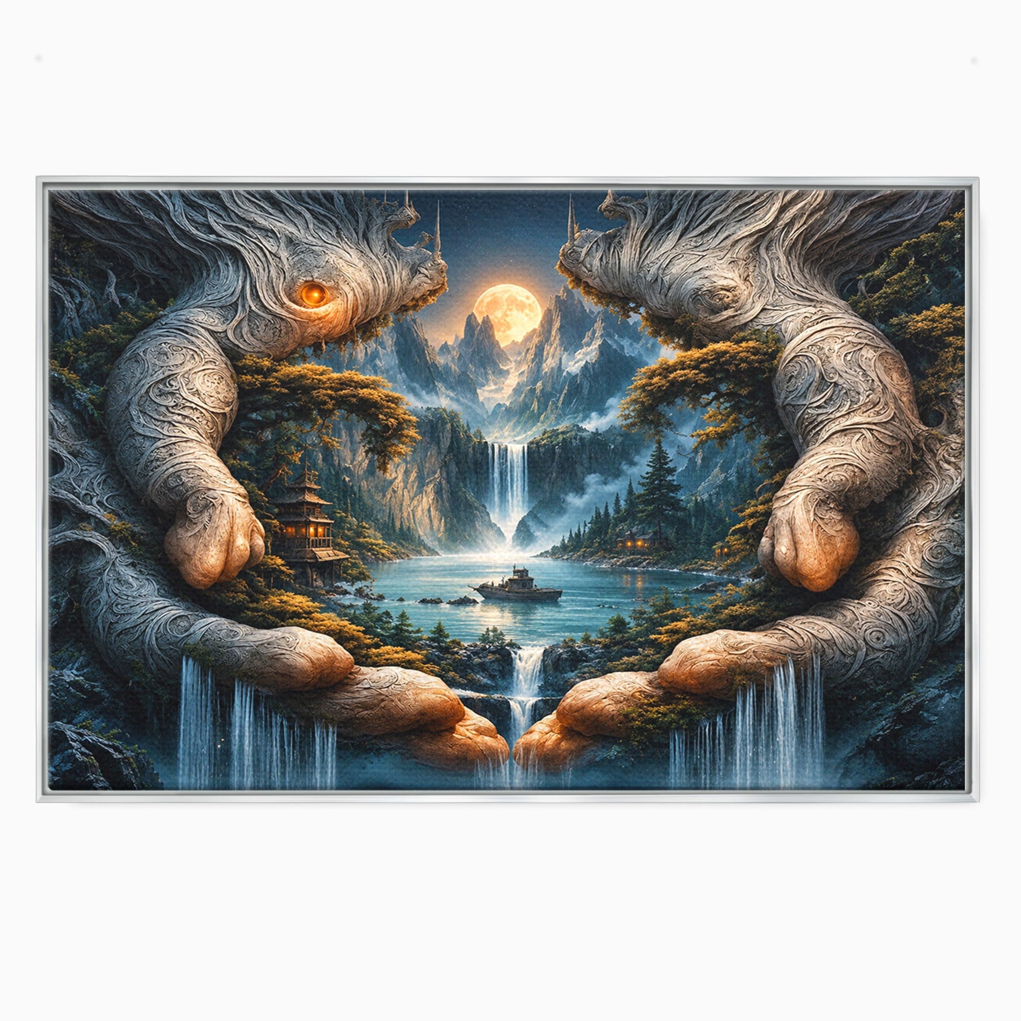 Tablou Canvas Premium LuxCanva® U1148, Peisaj Mistic Cu Cascade, Maini, Protectie, Fantezie, Living, Culori Vibrante
