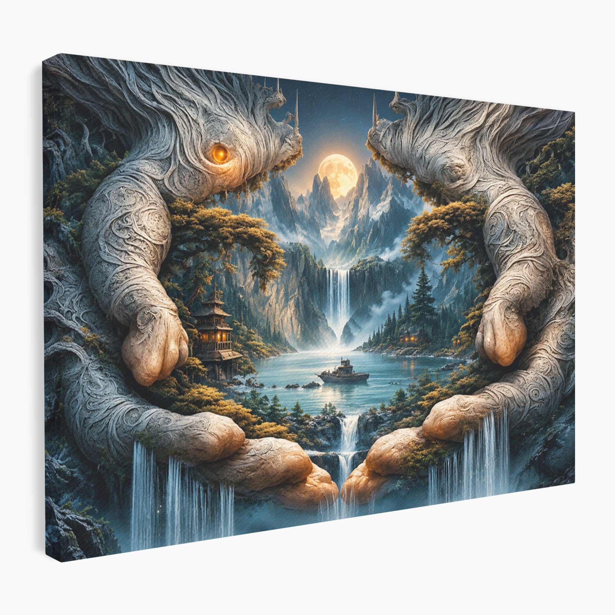 Tablou Canvas Premium LuxCanva® U1148, Peisaj Mistic Cu Cascade, Maini, Protectie, Fantezie, Living, Culori Vibrante