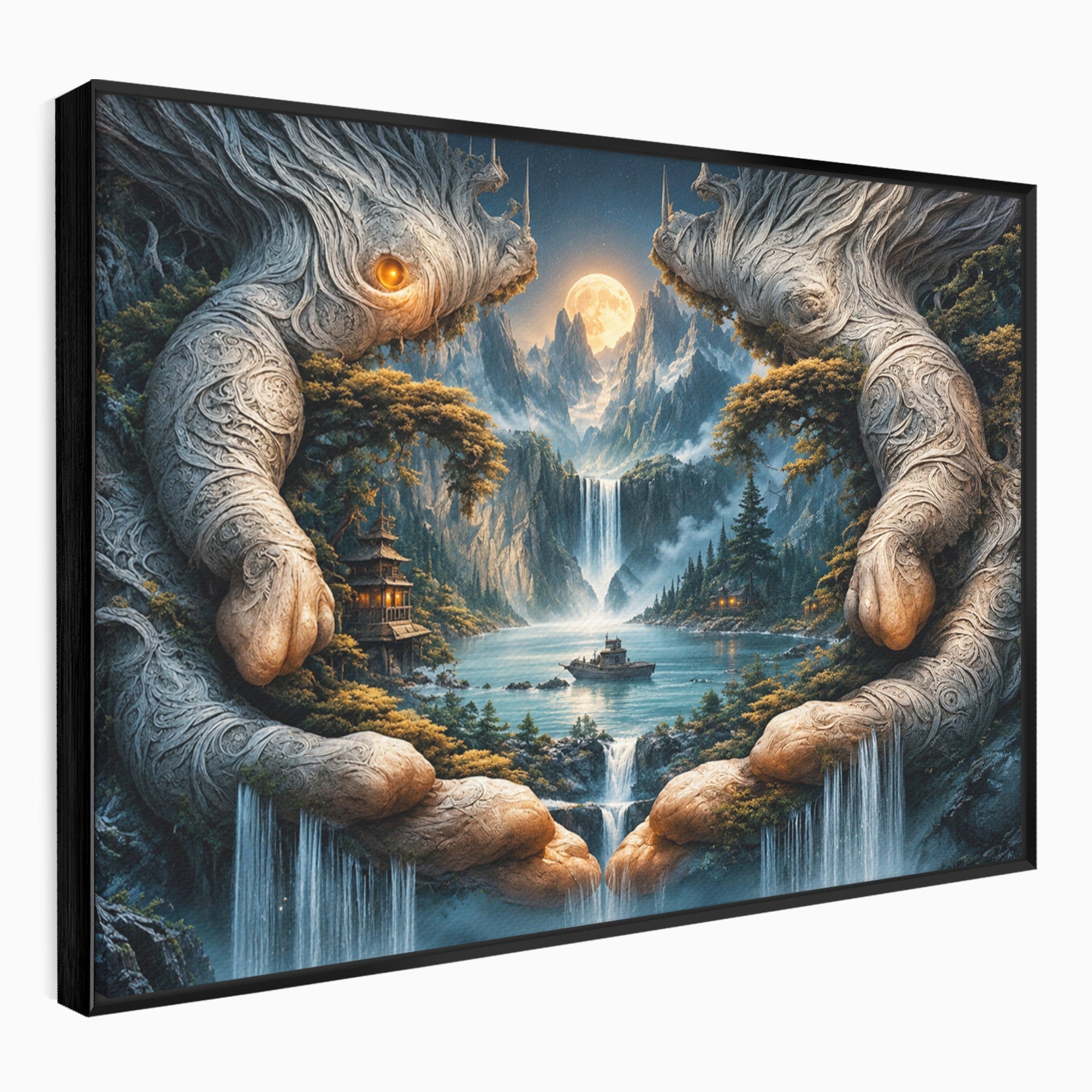 Tablou Canvas Premium LuxCanva® U1148, Peisaj Mistic Cu Cascade, Maini, Protectie, Fantezie, Living, Culori Vibrante