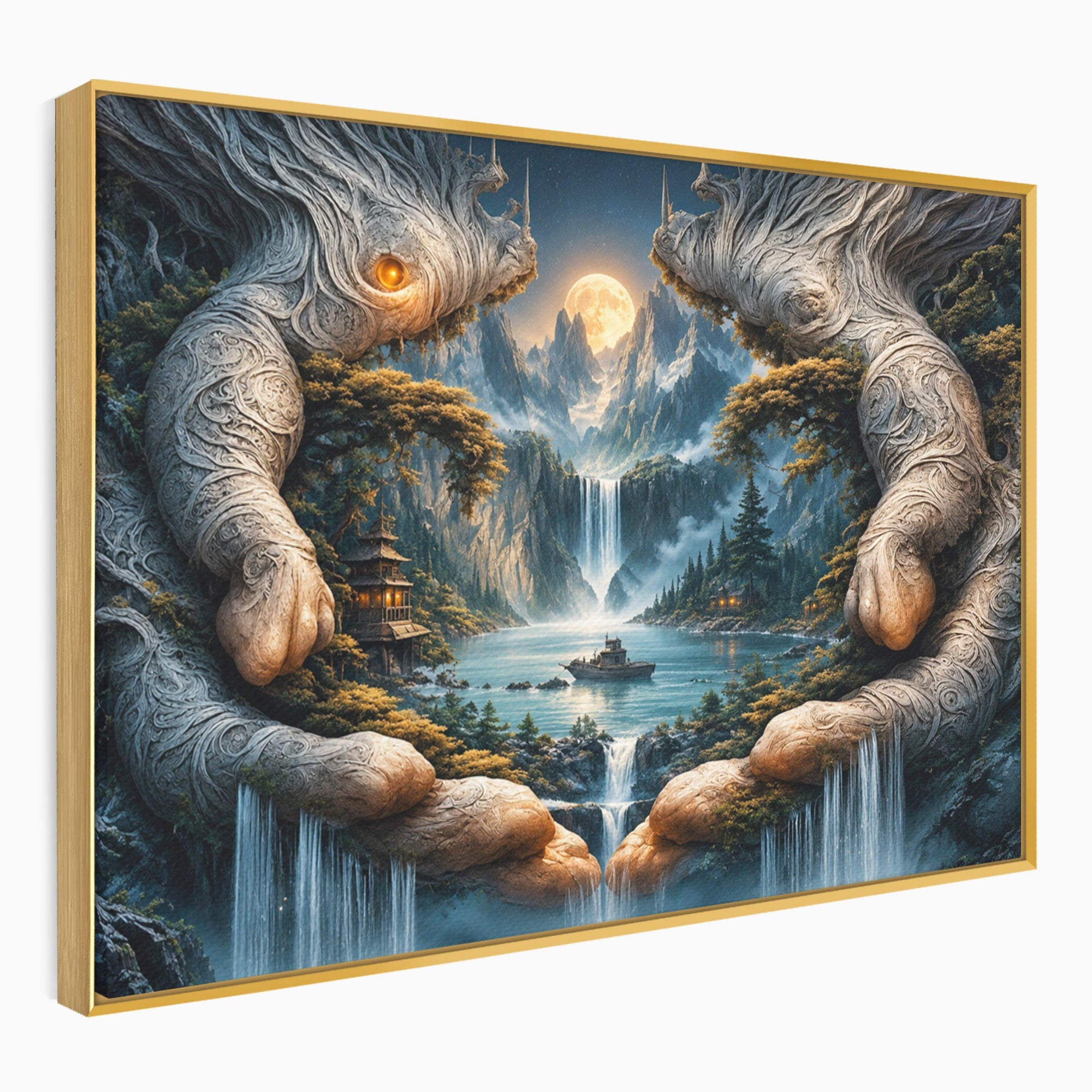 Tablou Canvas Premium LuxCanva® U1148, Peisaj Mistic Cu Cascade, Maini, Protectie, Fantezie, Living, Culori Vibrante