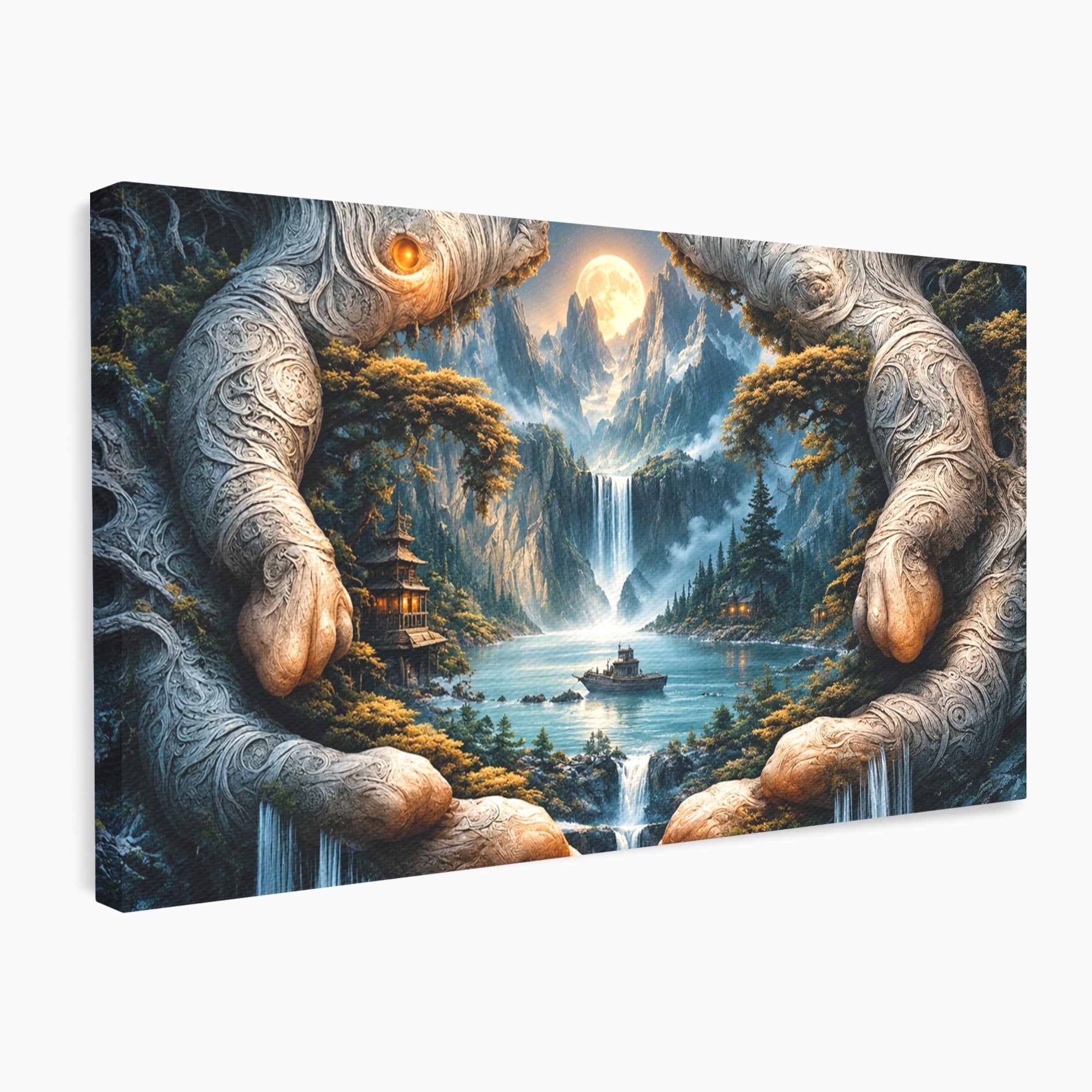 Tablou Canvas Premium LuxCanva® U1148, Peisaj Mistic Cu Cascade, Maini, Protectie, Fantezie, Living, Culori Vibrante