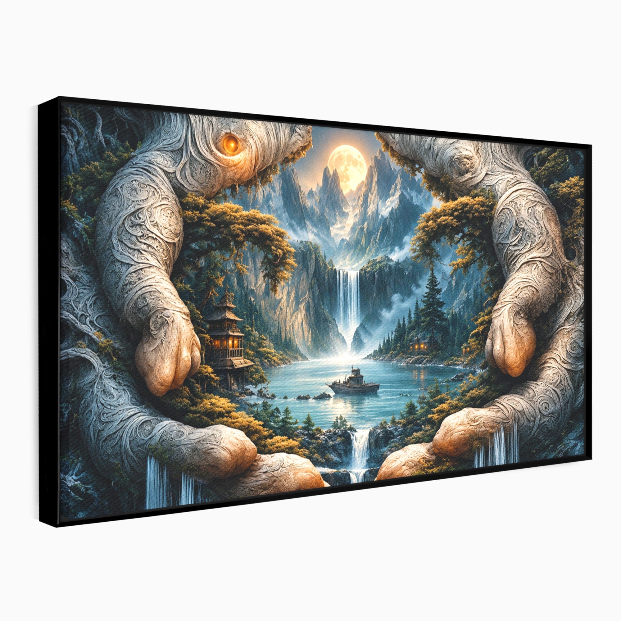 Tablou Canvas Premium LuxCanva® U1148, Peisaj Mistic Cu Cascade, Maini, Protectie, Fantezie, Living, Culori Vibrante