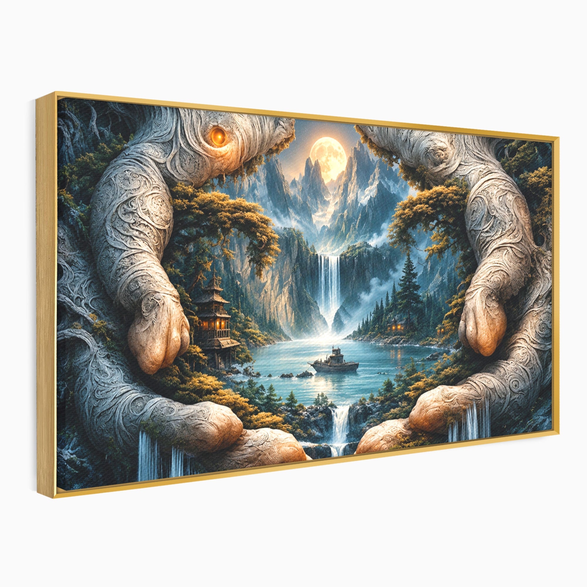Tablou Canvas Premium LuxCanva® U1148, Peisaj Mistic Cu Cascade, Maini, Protectie, Fantezie, Living, Culori Vibrante