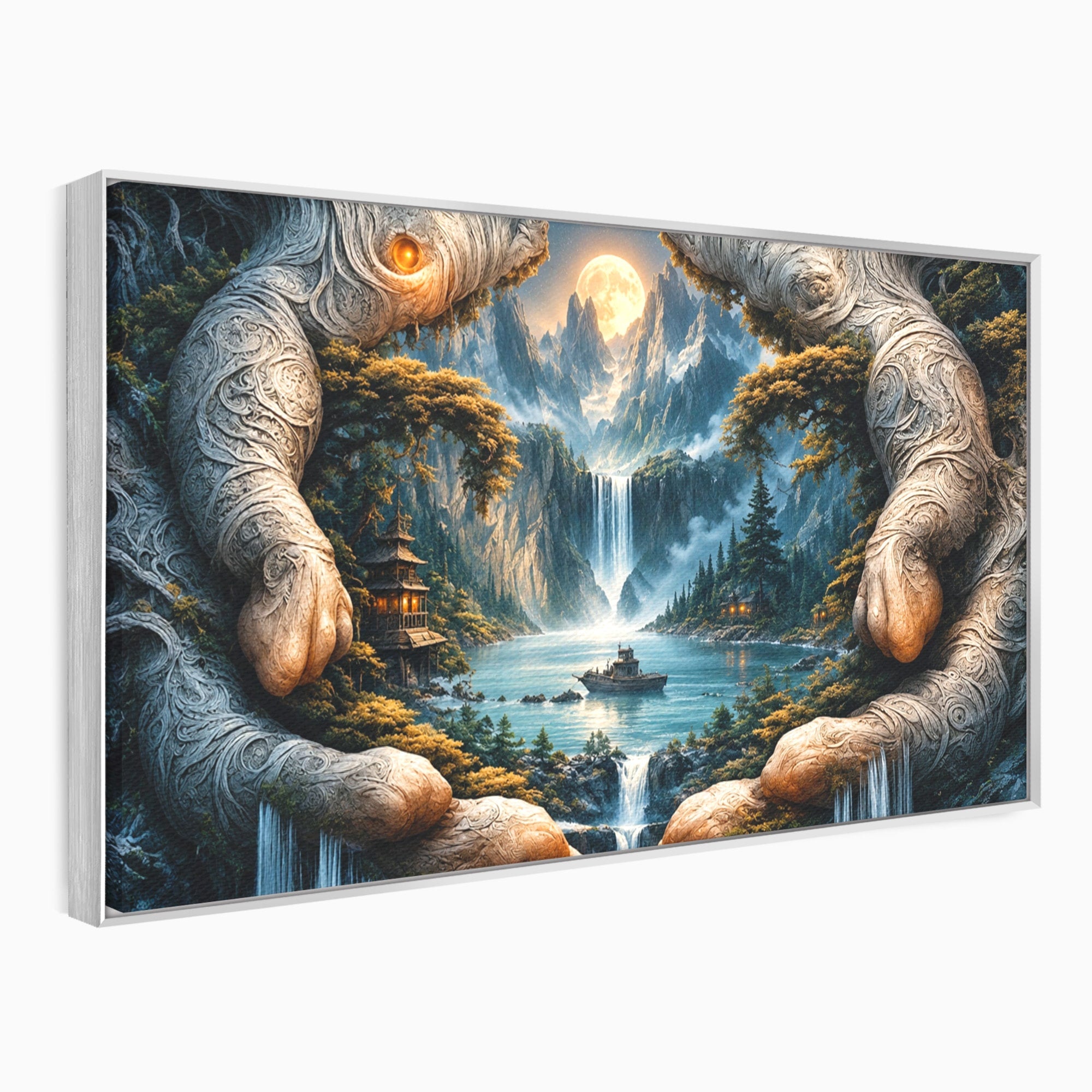 Tablou Canvas Premium LuxCanva® U1148, Peisaj Mistic Cu Cascade, Maini, Protectie, Fantezie, Living, Culori Vibrante