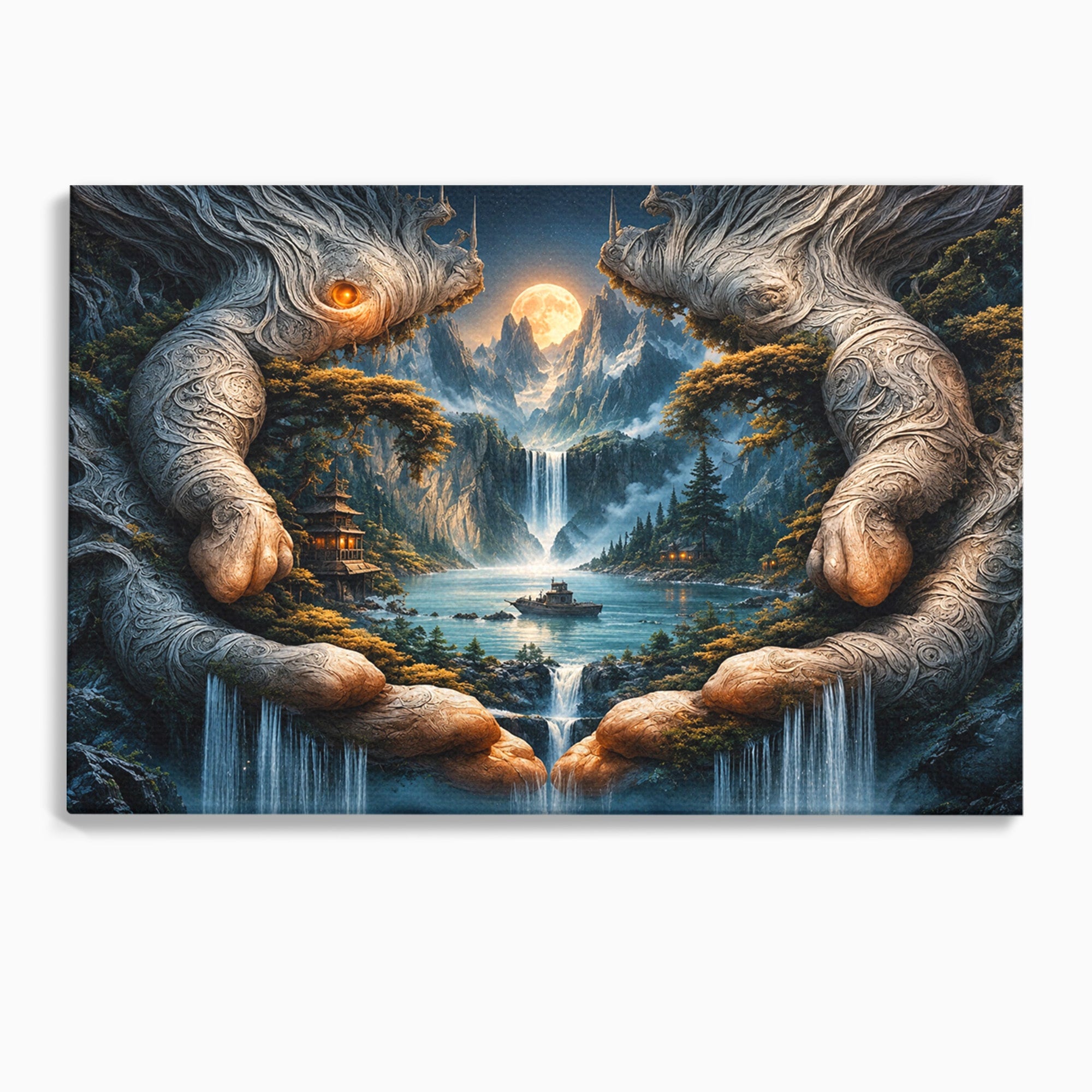 Tablou Canvas Premium LuxCanva® U1148, Peisaj Mistic Cu Cascade, Maini, Protectie, Fantezie, Living, Culori Vibrante