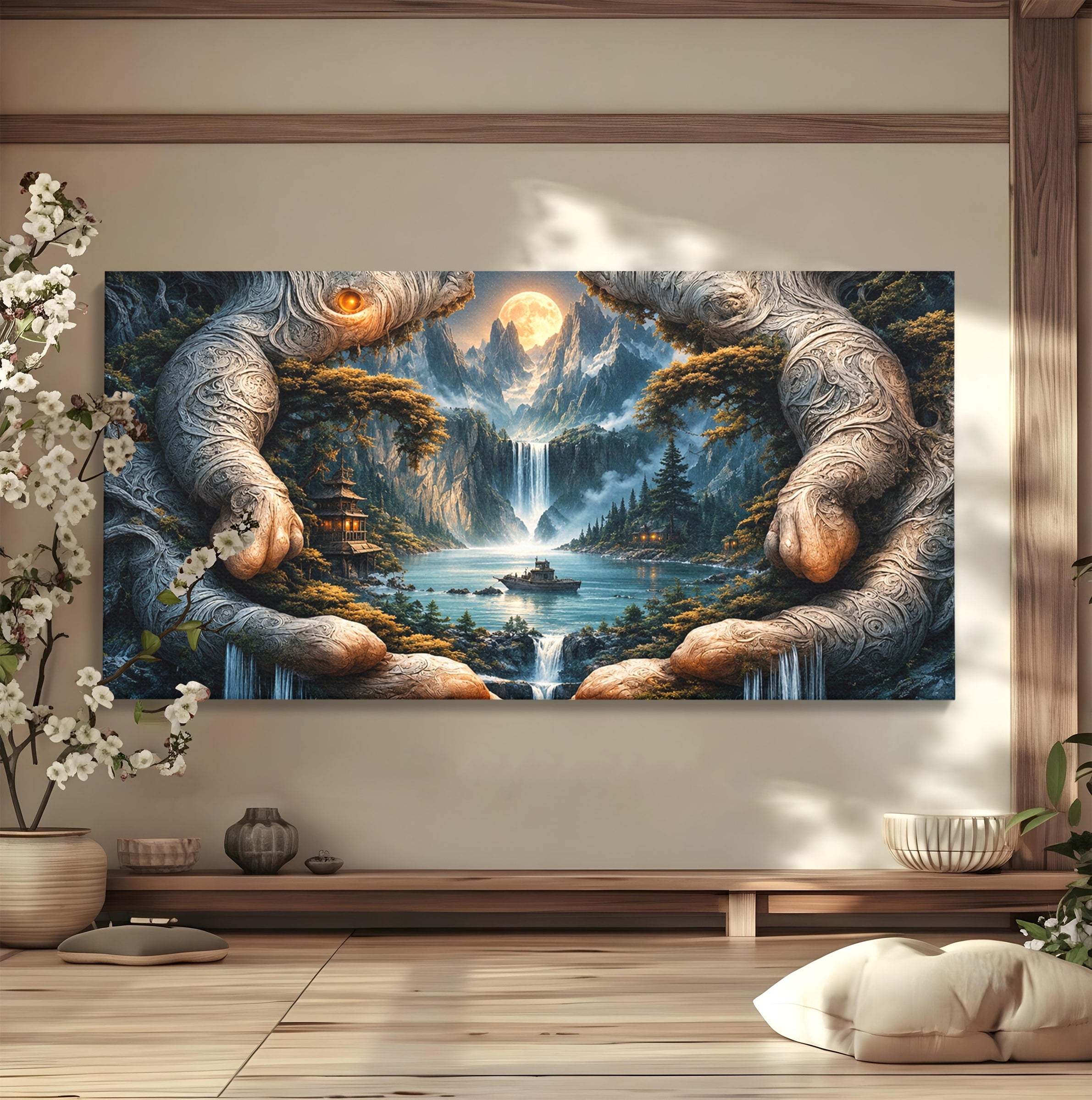 Tablou Canvas Premium LuxCanva® U1148, Peisaj Mistic Cu Cascade, Maini, Protectie, Fantezie, Living, Culori Vibrante