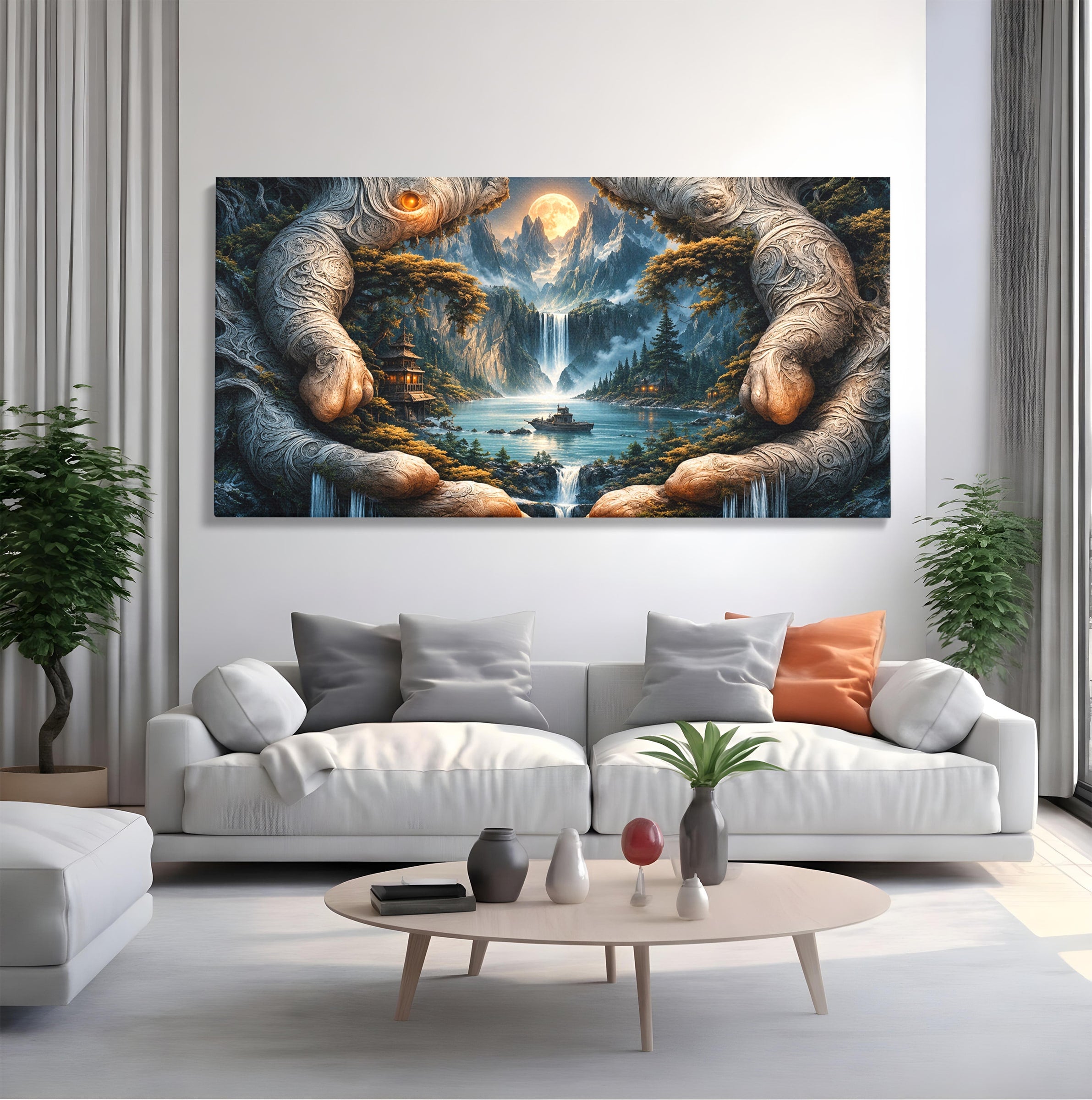 Tablou Canvas Premium LuxCanva® U1148, Peisaj Mistic Cu Cascade, Maini, Protectie, Fantezie, Living, Culori Vibrante