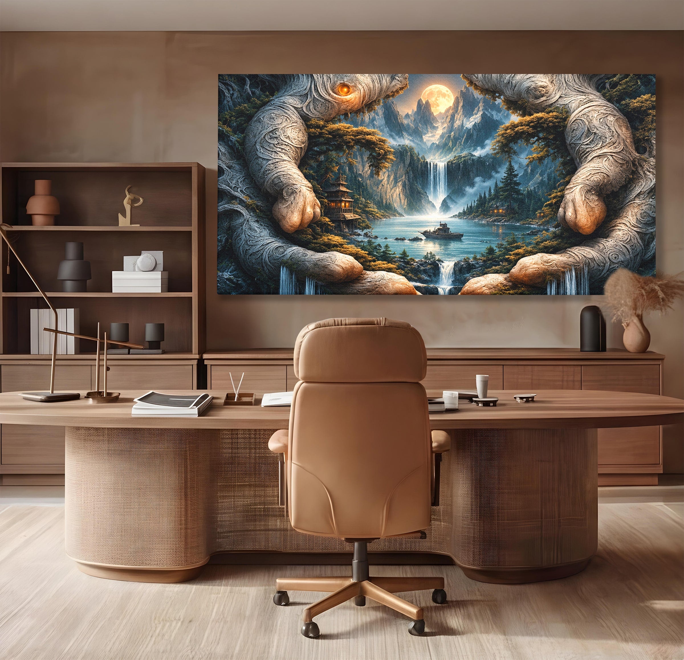 Tablou Canvas Premium LuxCanva® U1148, Peisaj Mistic Cu Cascade, Maini, Protectie, Fantezie, Living, Culori Vibrante