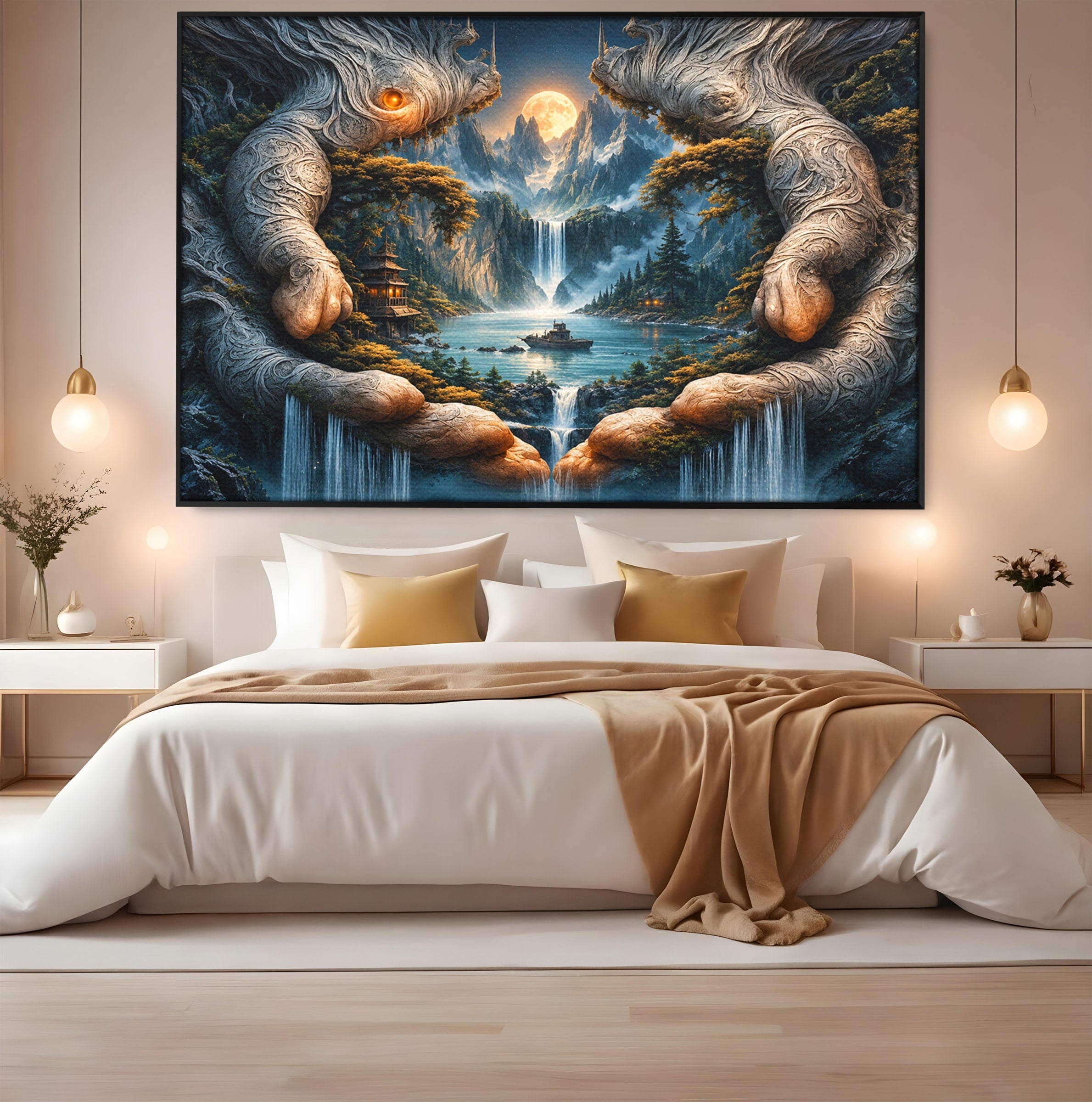 Tablou Canvas Premium LuxCanva® U1148, Peisaj Mistic Cu Cascade, Maini, Protectie, Fantezie, Living, Culori Vibrante