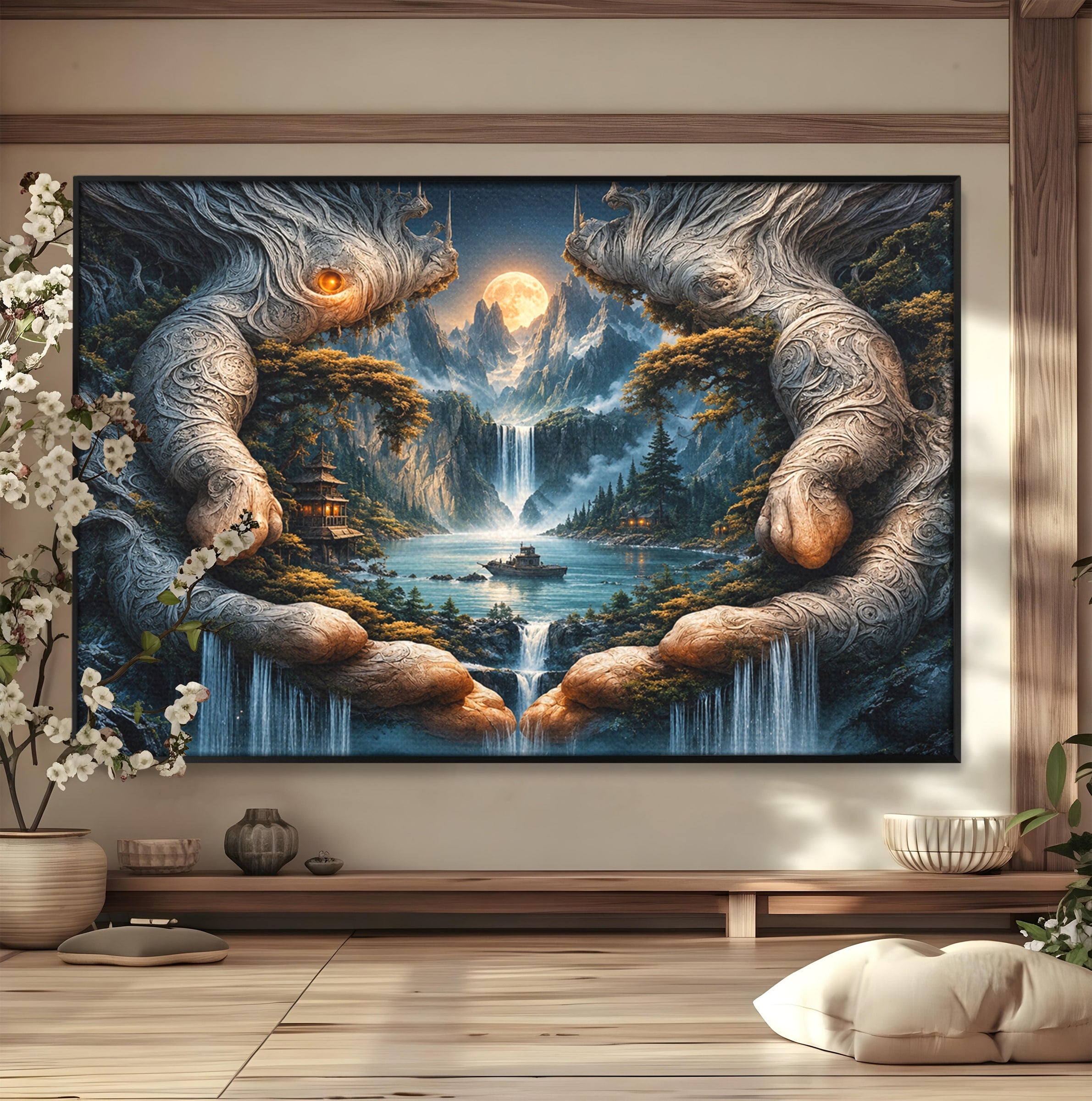 Tablou Canvas Premium LuxCanva® U1148, Peisaj Mistic Cu Cascade, Maini, Protectie, Fantezie, Living, Culori Vibrante
