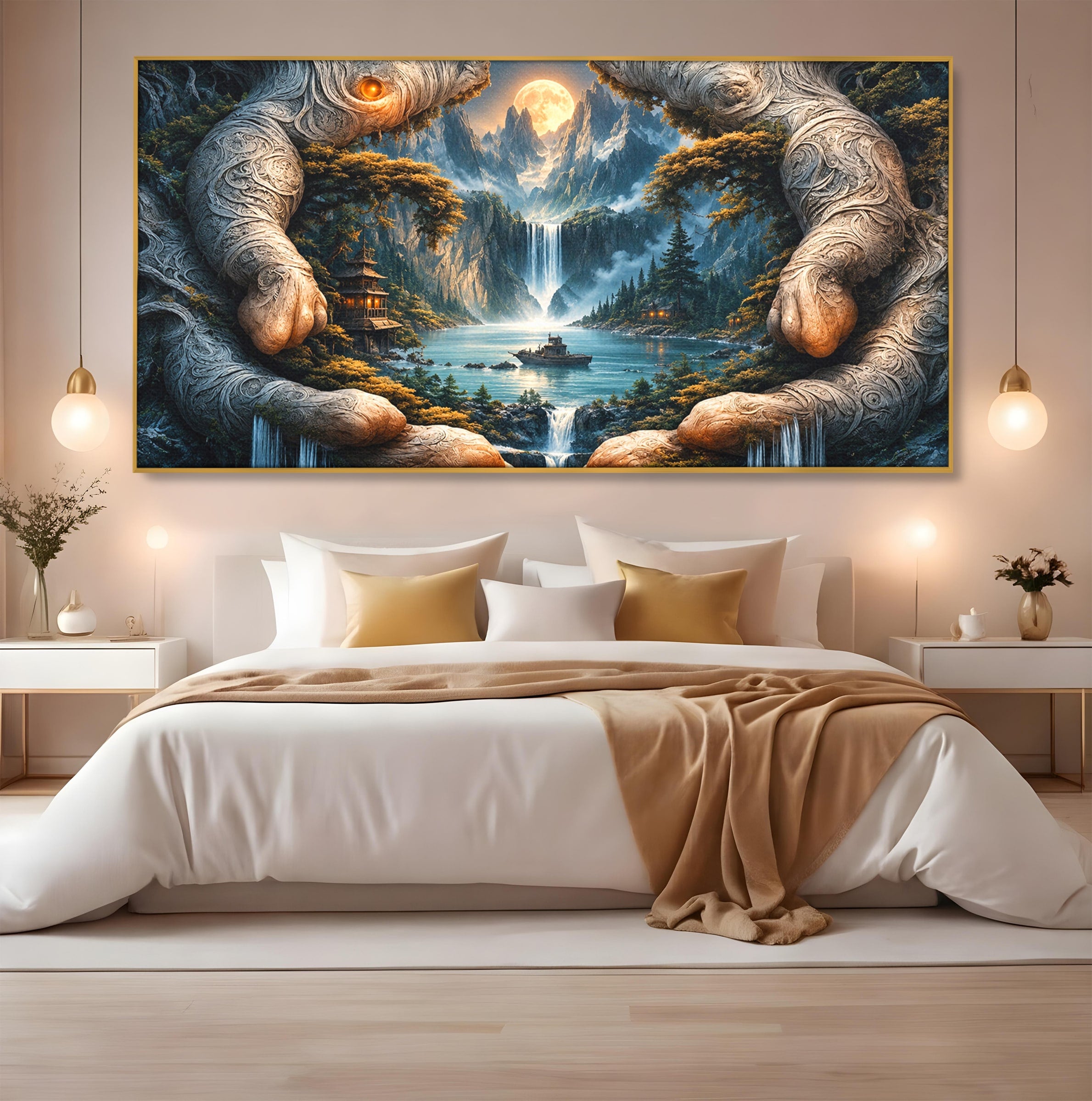 Tablou Canvas Premium LuxCanva® U1148, Peisaj Mistic Cu Cascade, Maini, Protectie, Fantezie, Living, Culori Vibrante