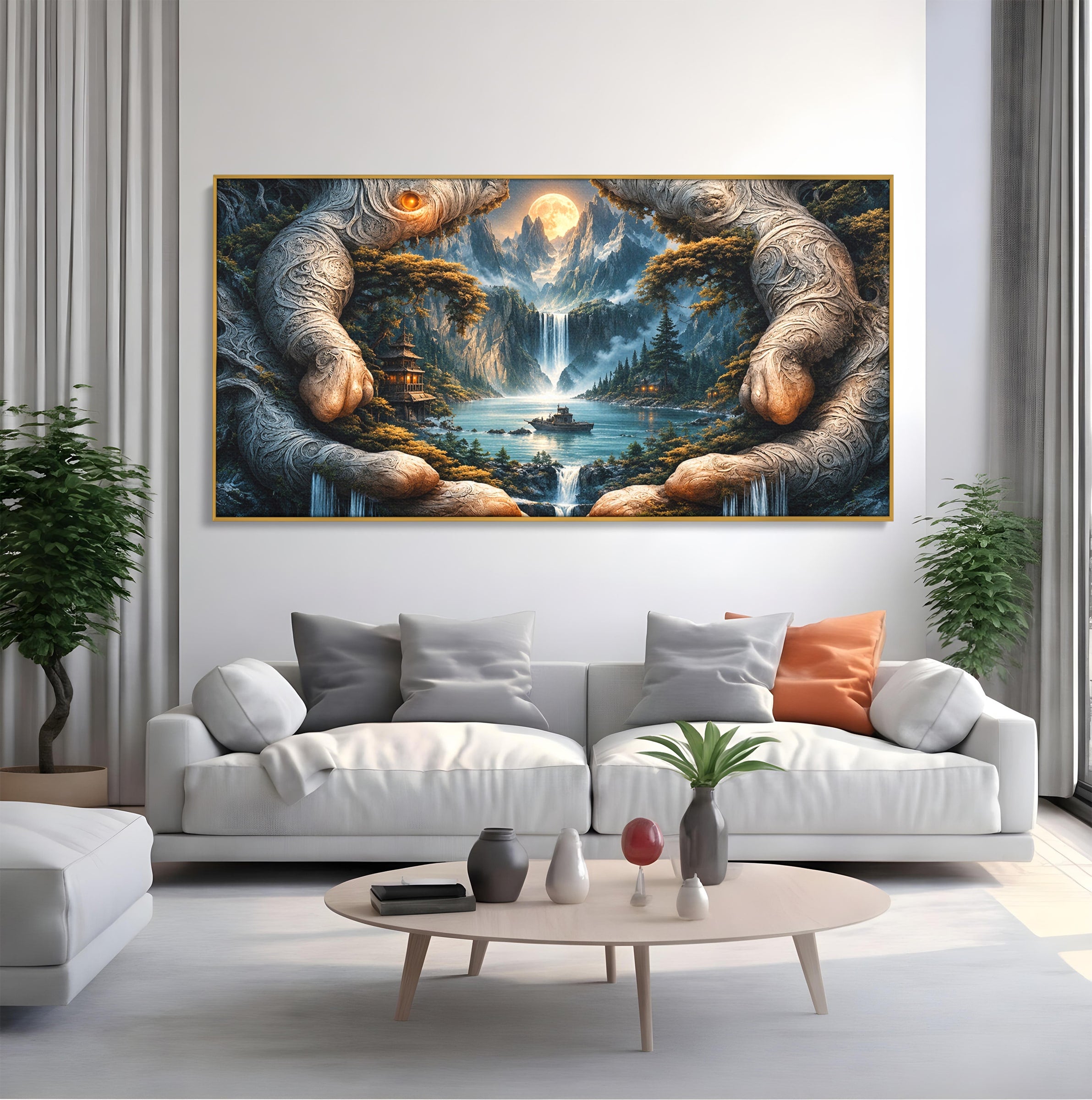 Tablou Canvas Premium LuxCanva® U1148, Peisaj Mistic Cu Cascade, Maini, Protectie, Fantezie, Living, Culori Vibrante