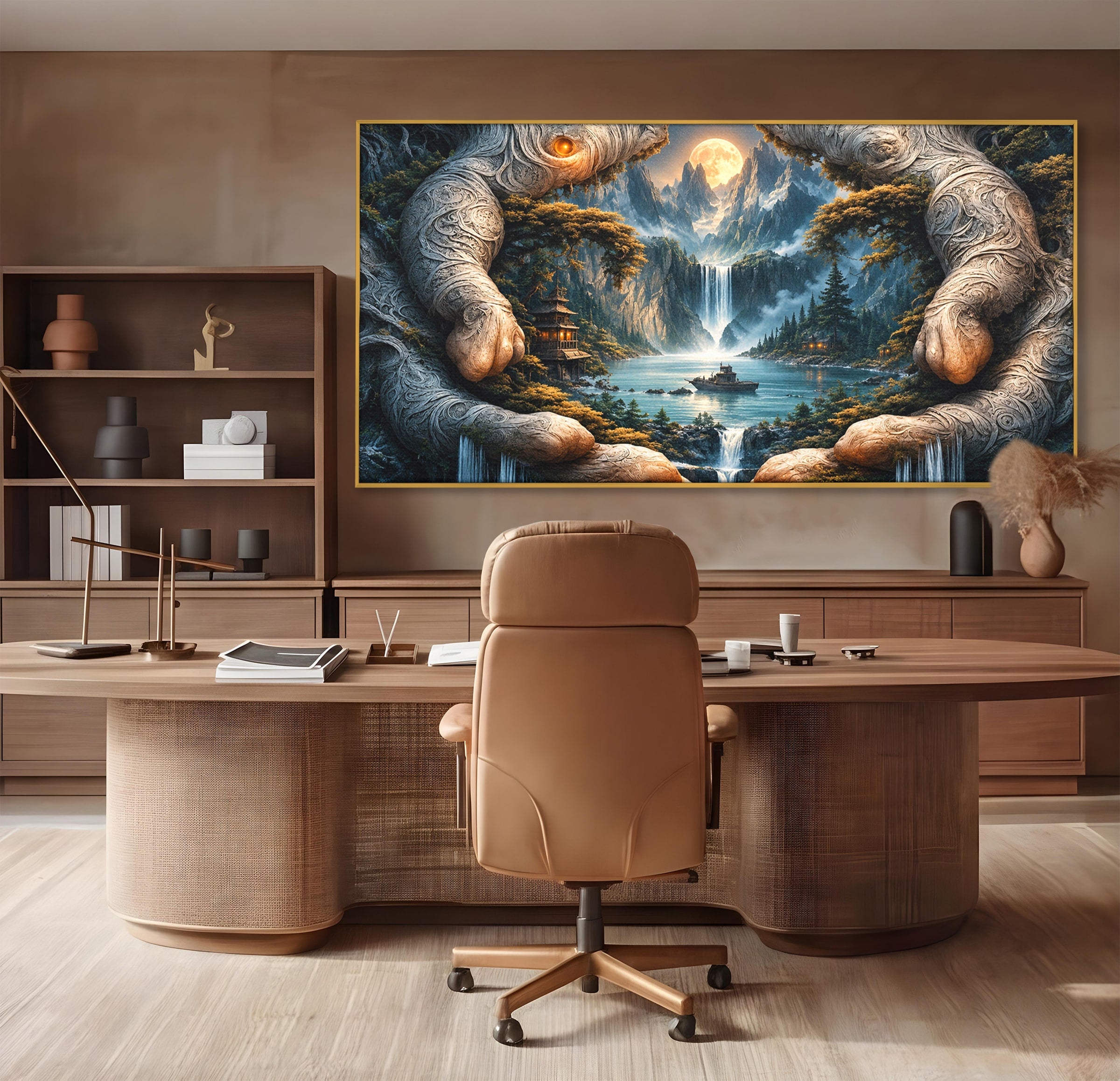 Tablou Canvas Premium LuxCanva® U1148, Peisaj Mistic Cu Cascade, Maini, Protectie, Fantezie, Living, Culori Vibrante