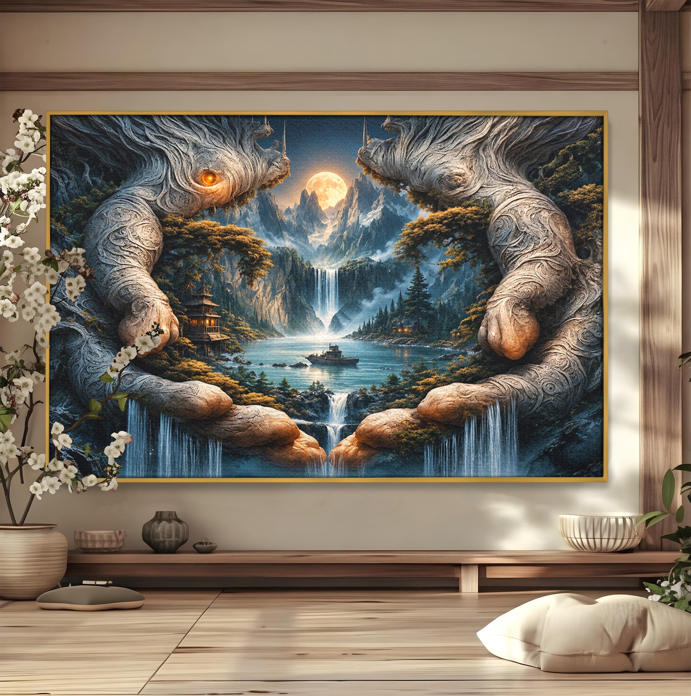 Tablou Canvas Premium LuxCanva® U1148, Peisaj Mistic Cu Cascade, Maini, Protectie, Fantezie, Living, Culori Vibrante