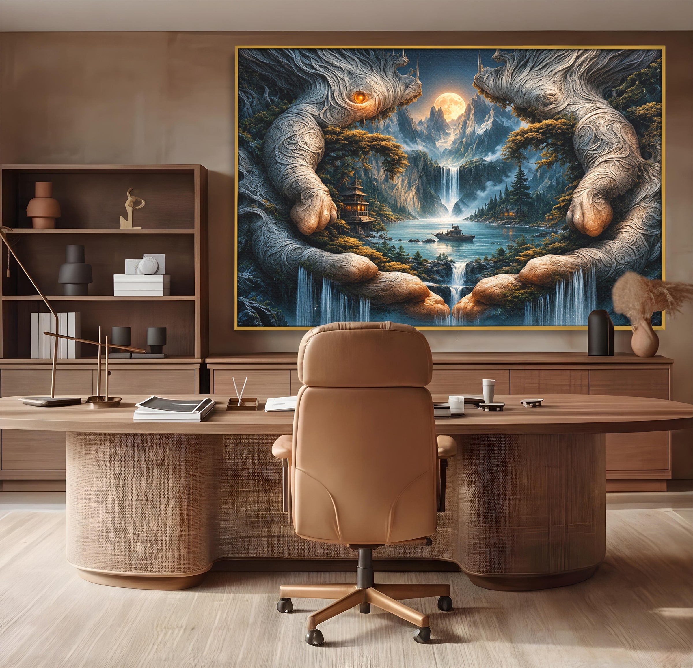 Tablou Canvas Premium LuxCanva® U1148, Peisaj Mistic Cu Cascade, Maini, Protectie, Fantezie, Living, Culori Vibrante