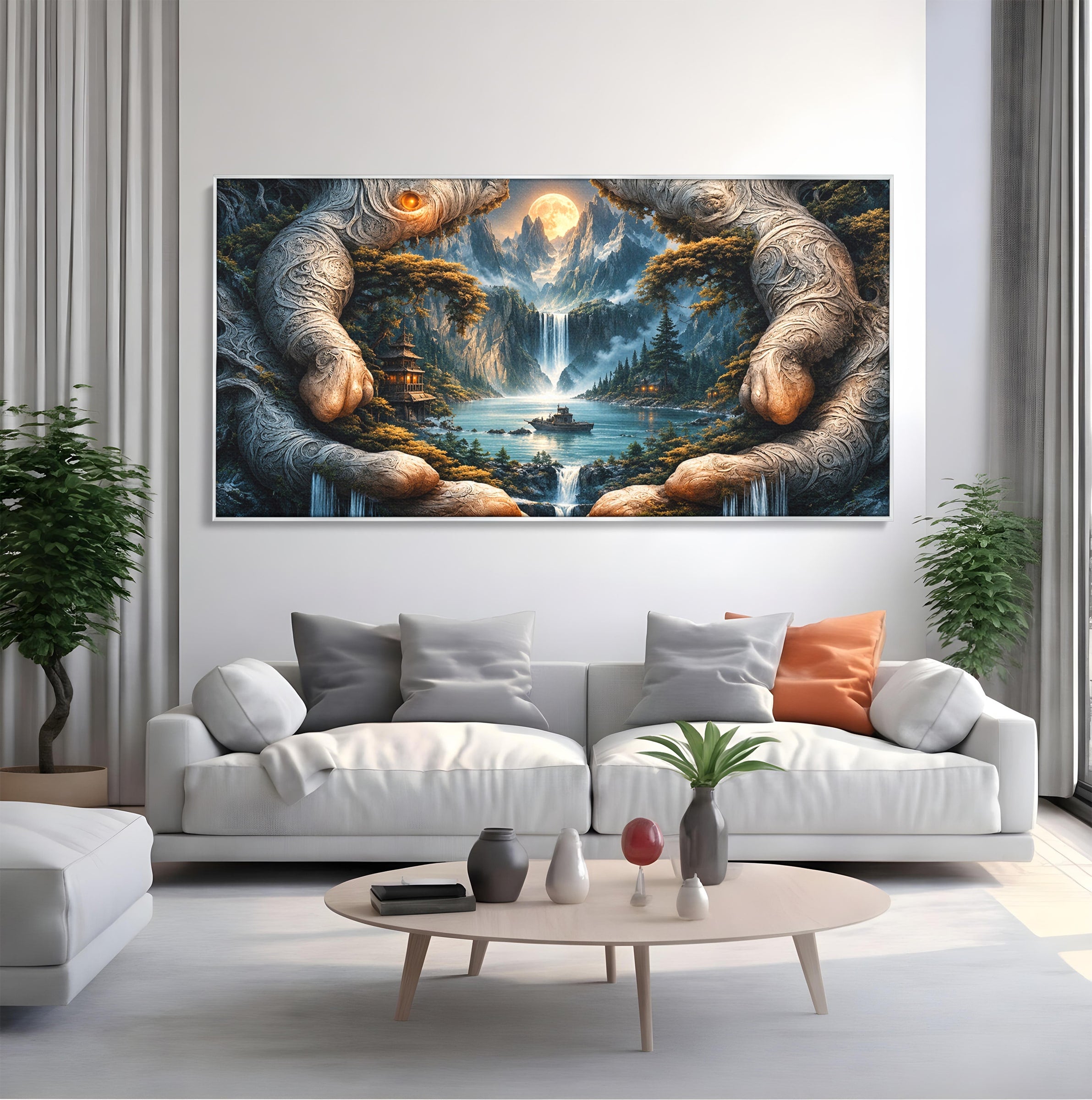 Tablou Canvas Premium LuxCanva® U1148, Peisaj Mistic Cu Cascade, Maini, Protectie, Fantezie, Living, Culori Vibrante
