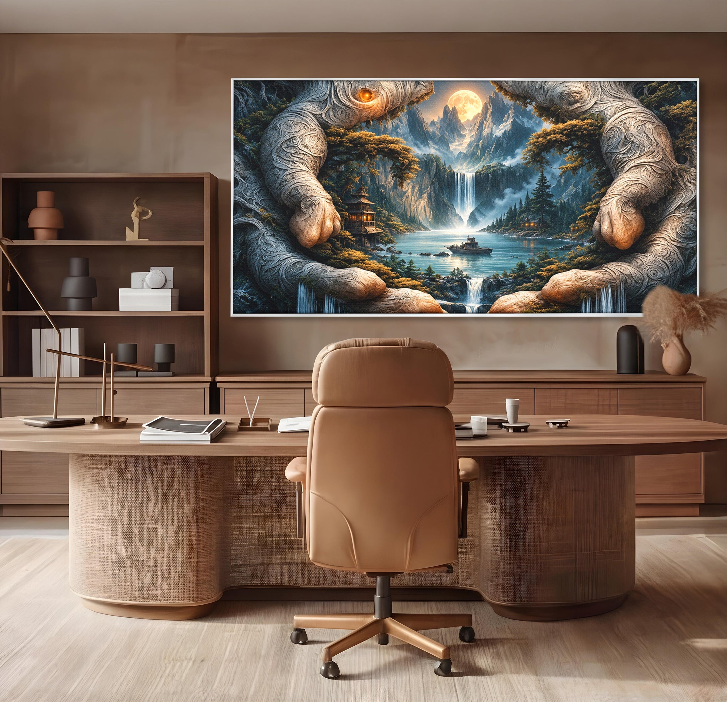 Tablou Canvas Premium LuxCanva® U1148, Peisaj Mistic Cu Cascade, Maini, Protectie, Fantezie, Living, Culori Vibrante