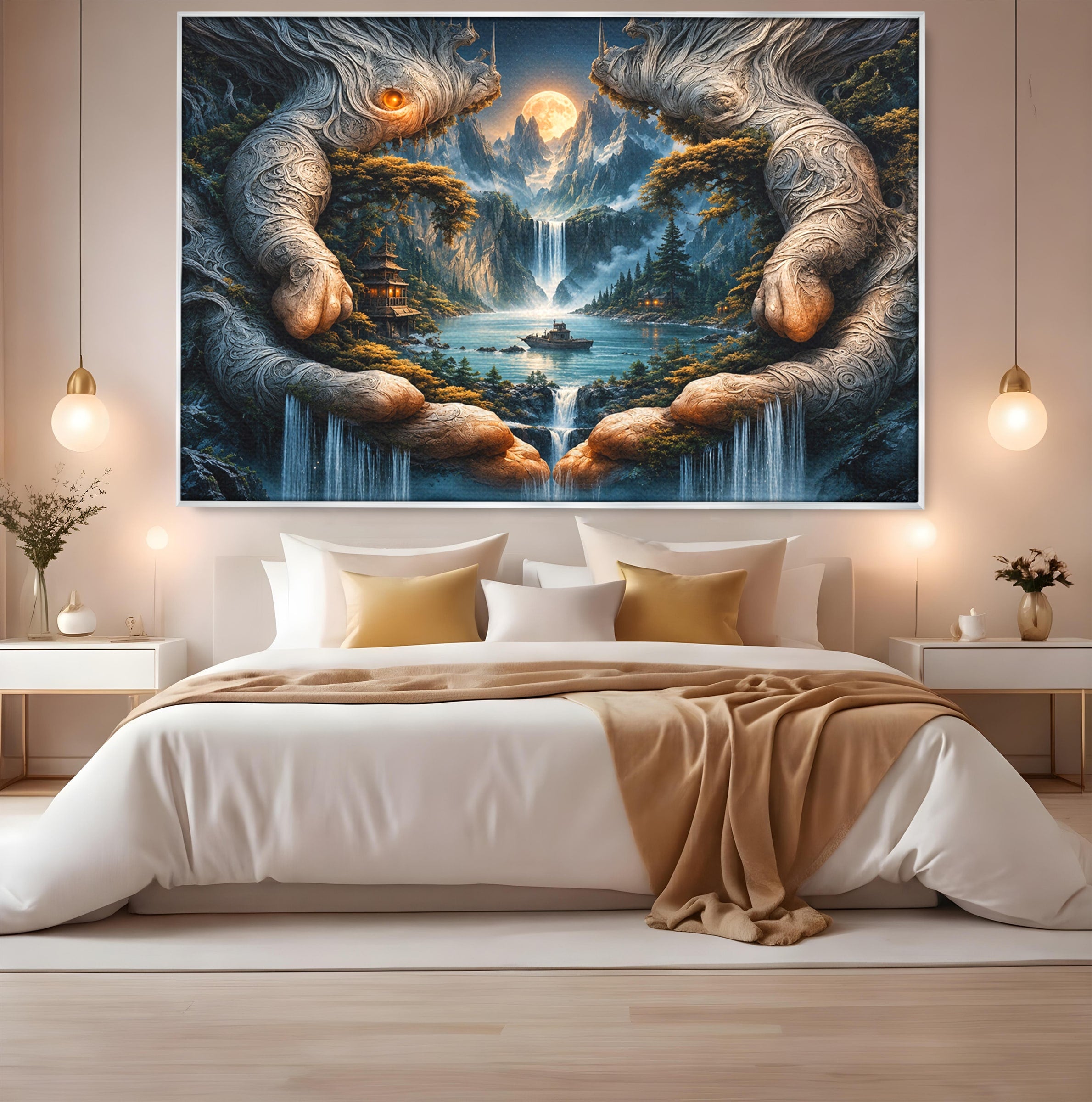 Tablou Canvas Premium LuxCanva® U1148, Peisaj Mistic Cu Cascade, Maini, Protectie, Fantezie, Living, Culori Vibrante