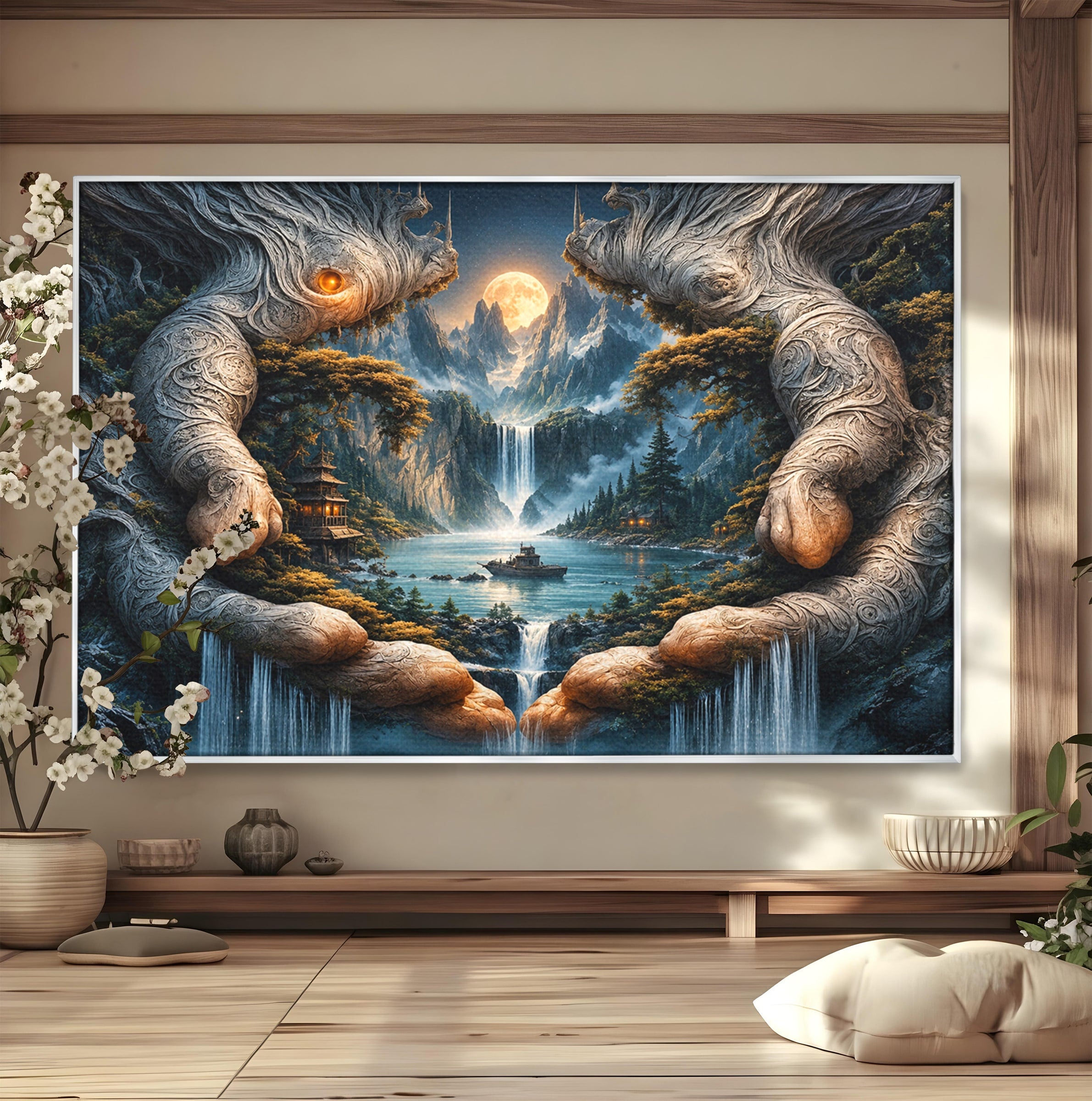 Tablou Canvas Premium LuxCanva® U1148, Peisaj Mistic Cu Cascade, Maini, Protectie, Fantezie, Living, Culori Vibrante